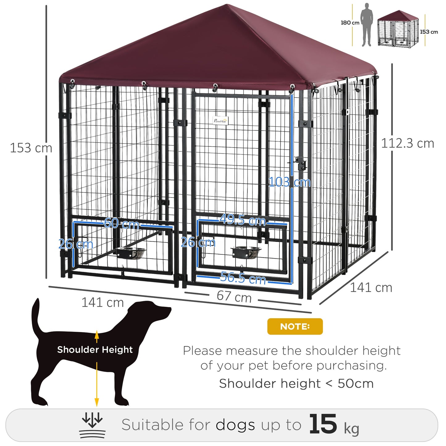 Outdoor Dog Kennel with Rotating Bowl Holders, Dog Run with Water and UV-Resistant Cover for Medium & Small Dogs, Red
