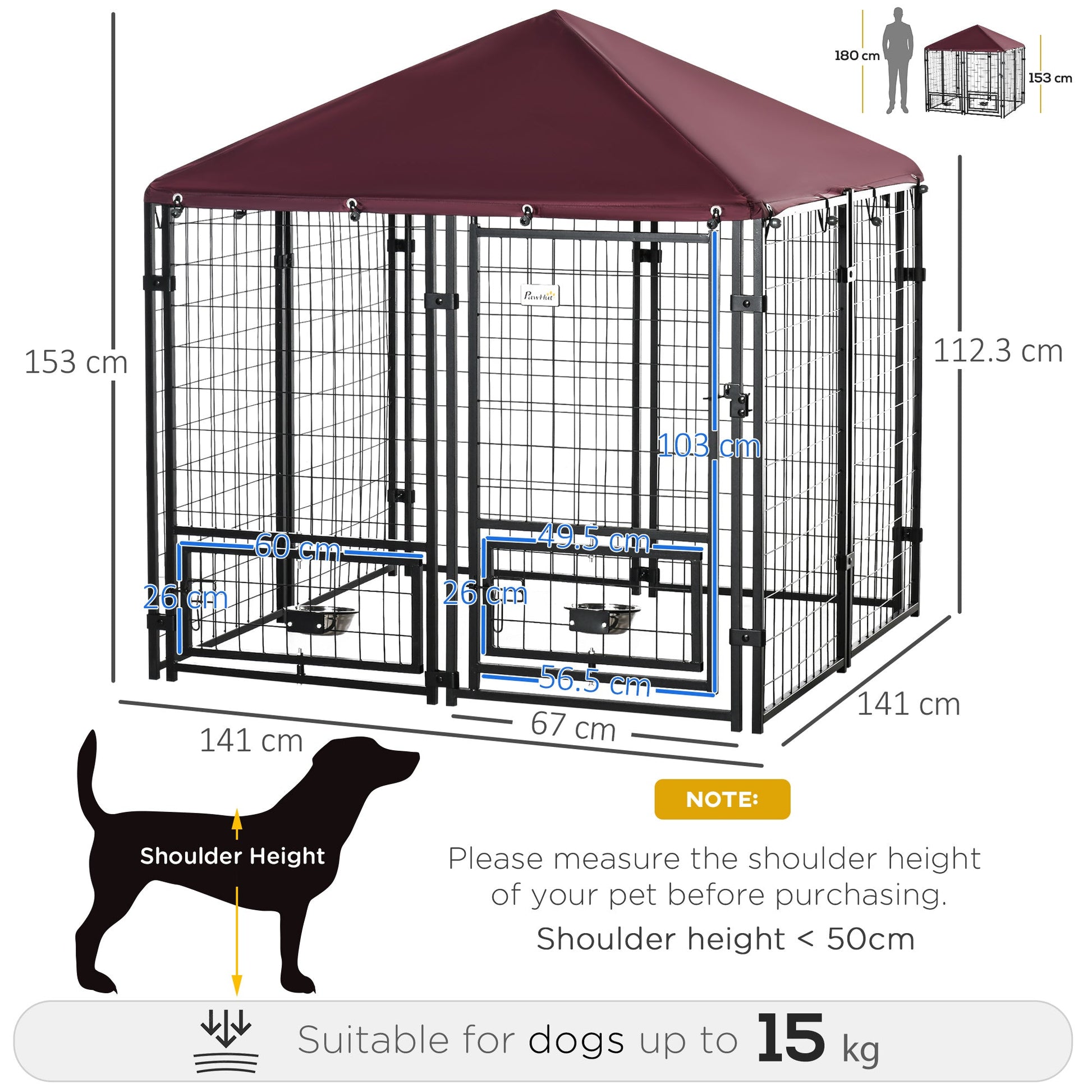 Outdoor Dog Kennel with Rotating Bowl Holders, Dog Run with Water and UV-Resistant Cover for Medium & Small Dogs, Red