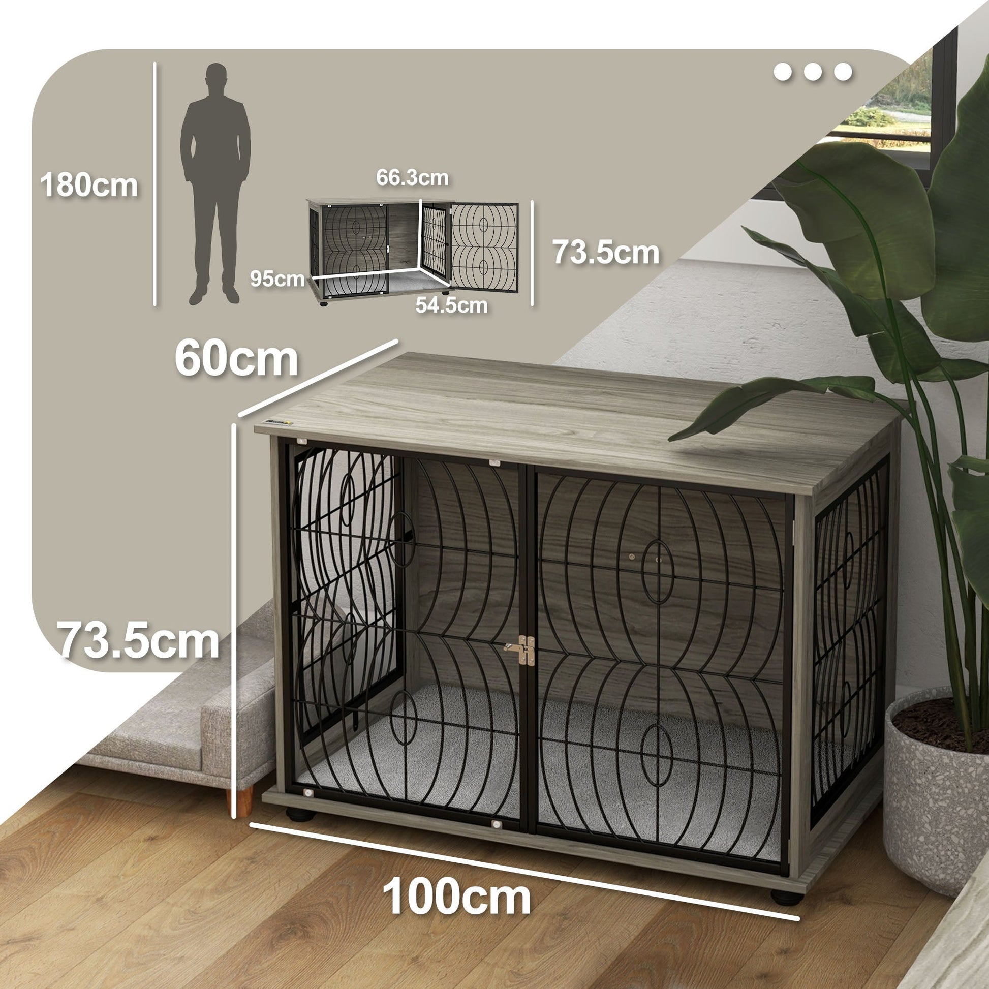 Dog Crate Furniture, Dog Cage End Table with Large Top, Soft Washable Cushion, Lockable Front Door, Wire Mesh Ventilation, Indoor Pet Crate for Large Sized, 100 x 60 x 74cm - Grey