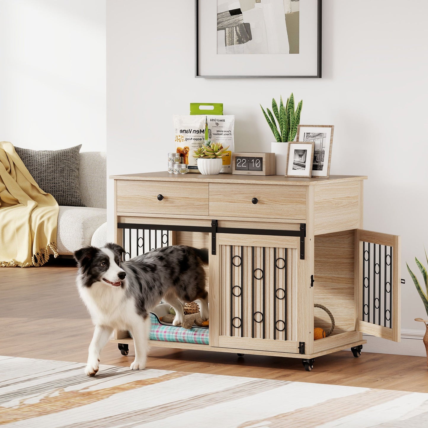 Dog Crate Furniture on Wheels, Dog Cage with 2 Drawers, Sliding Door, Indoor Kennel End Side Table for Medium Large Breeds, Oak Tone