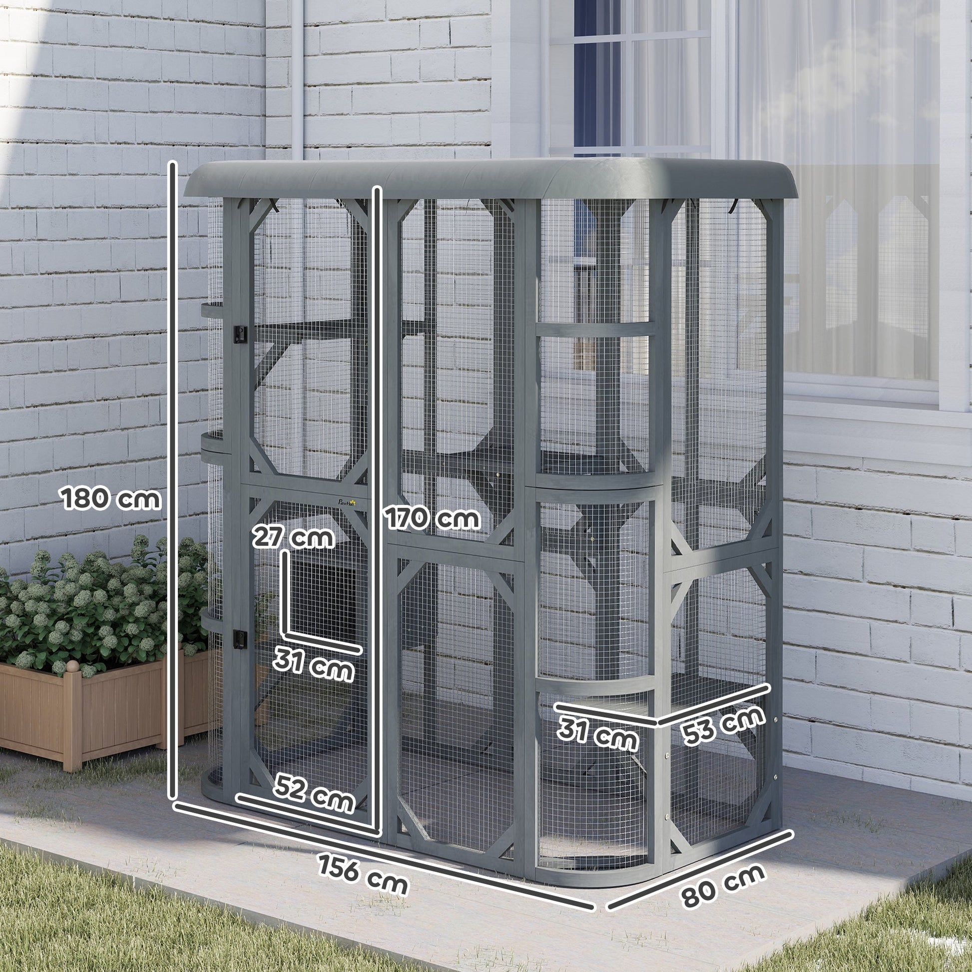 Walk-in Catio, Outdoor Cat Enclosure with 4 Jumping Platforms, Condo and Waterproof Cover, Outdoor Indoor Large Cat House for 2–3 Kittens, 156 x 80x 180 cm, Grey
