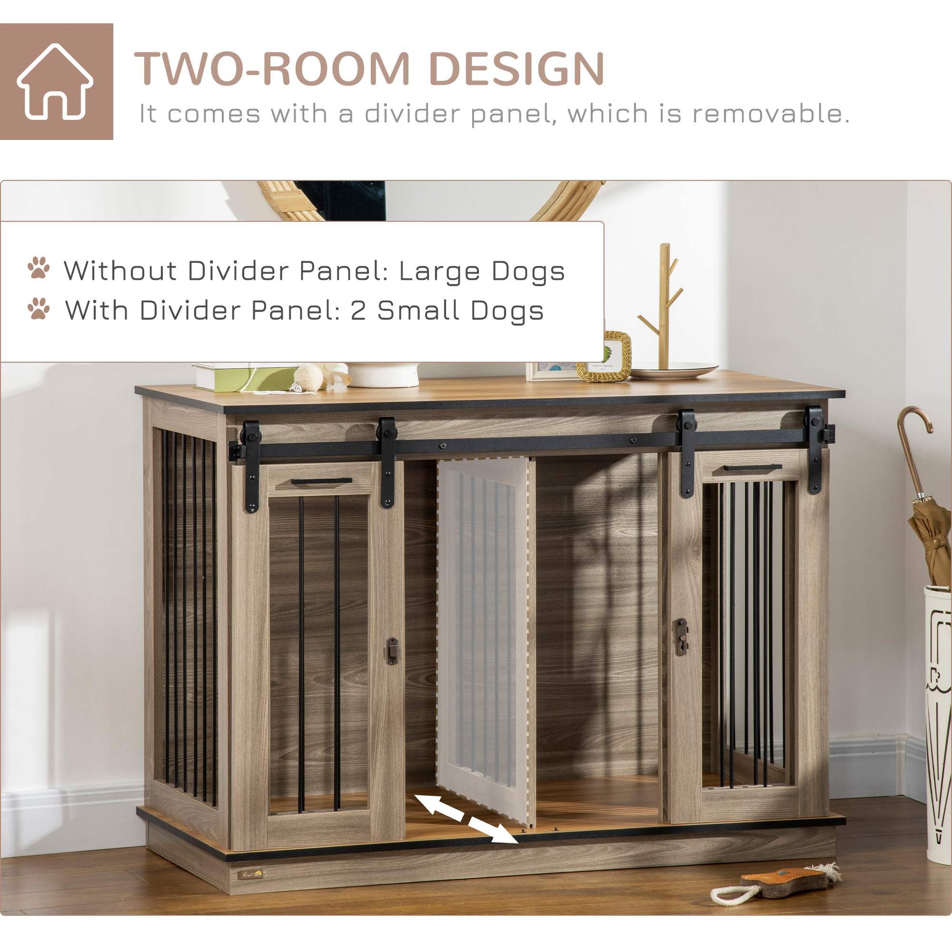 Dog Crate Furniture for Large Dog, Double Dog Cage for Small Dogs with Divider, Sliding Doors - Oak Tone