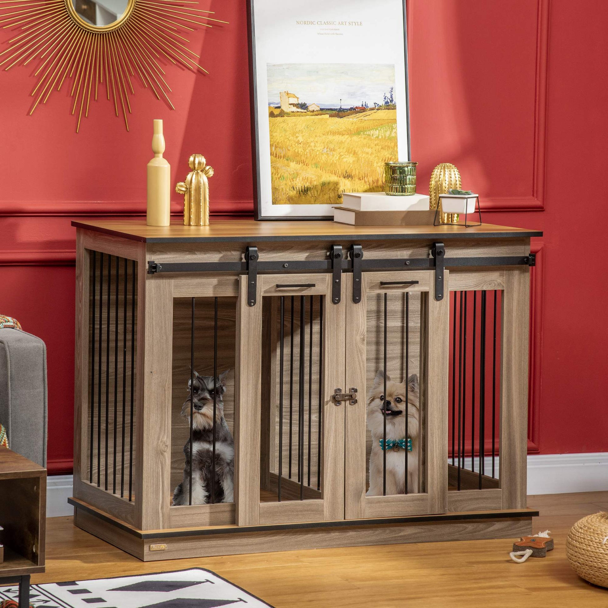 Dog Crate Furniture for Large Dog, Double Dog Cage for Small Dogs with Divider, Sliding Doors - Oak Tone