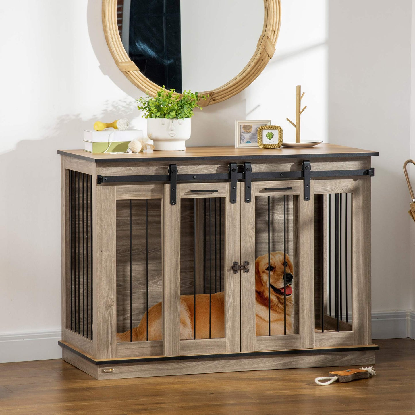 Dog Crate Furniture for Large Dog, Double Dog Cage for Small Dogs with Divider, Sliding Doors - Oak Tone