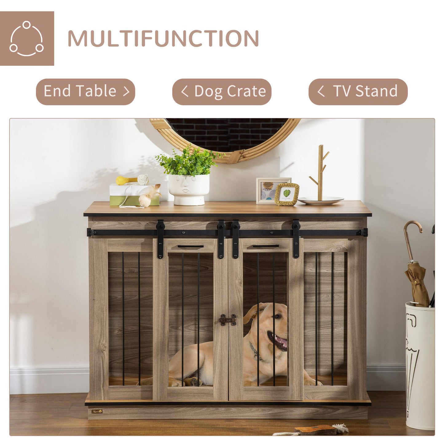 Dog Crate Furniture for Large Dog, Double Dog Cage for Small Dogs with Divider, Sliding Doors - Oak Tone