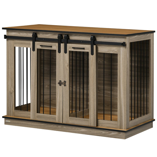 Dog Crate Furniture for Large Dog, Double Dog Cage for Small Dogs with Divider, Sliding Doors - Oak Tone