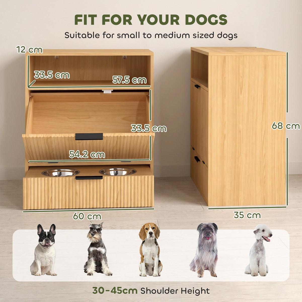 Pet Feeder Station with Storage, Dog Food Storage Container w/ 2 Raised Stainless Steel Bowls, Tilt Out Cabinet, Slow Feeder Mat for Water & Food, Pet Feeding Station for Small Medium, Oak