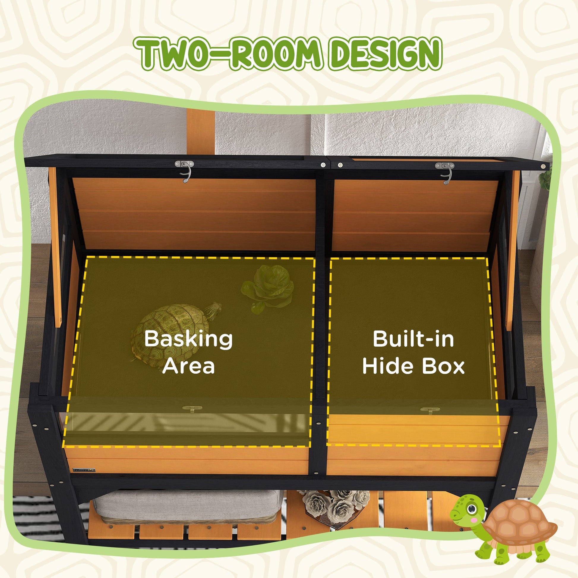 Tortoise House w/ Shelf, Small Pet Reptile Wooden House w/ Hide Shelter Den and Run, Lamp Holder, Tray, for Indoors, Outdoors - Yellow