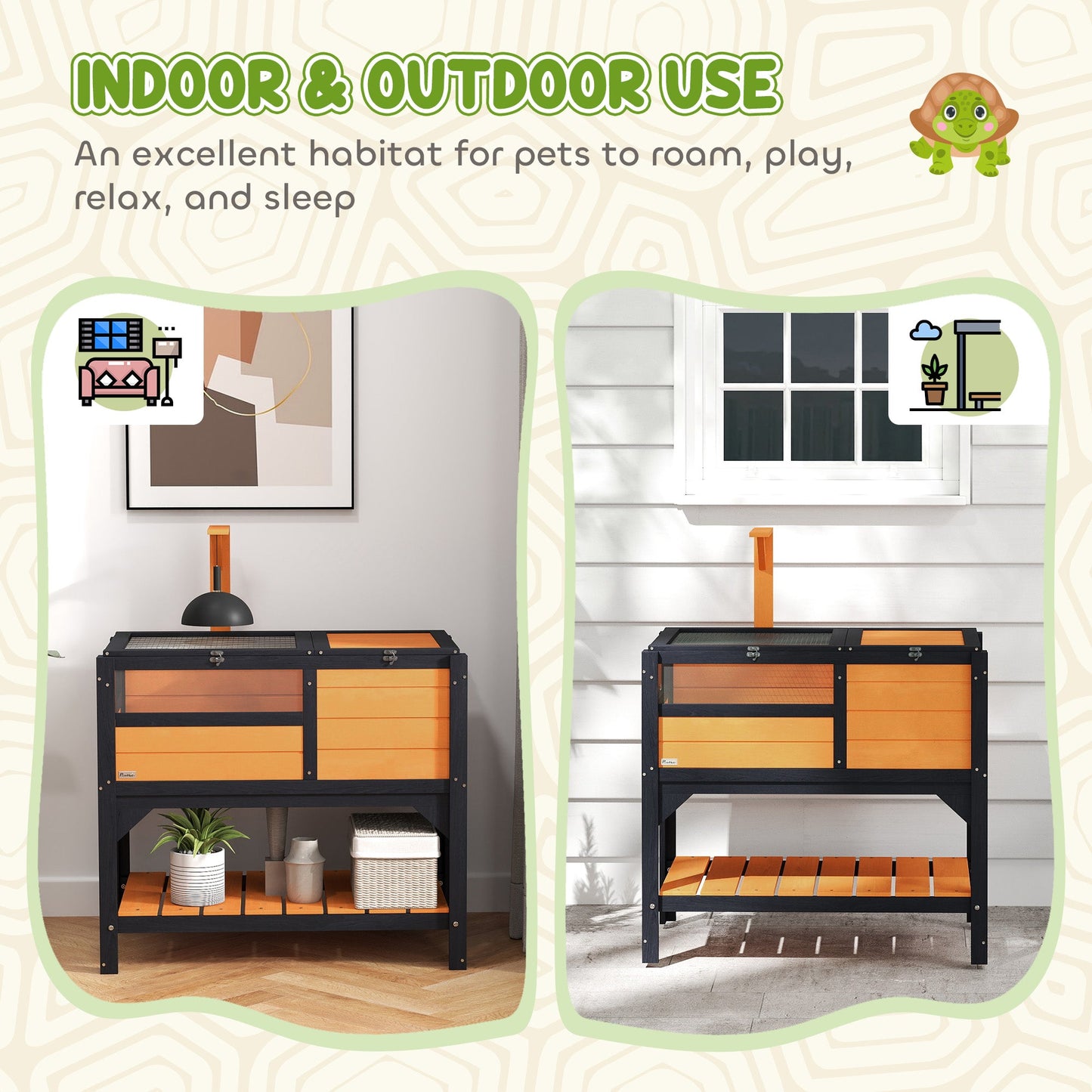 Tortoise House w/ Shelf, Small Pet Reptile Wooden House w/ Hide Shelter Den and Run, Lamp Holder, Tray, for Indoors, Outdoors - Yellow