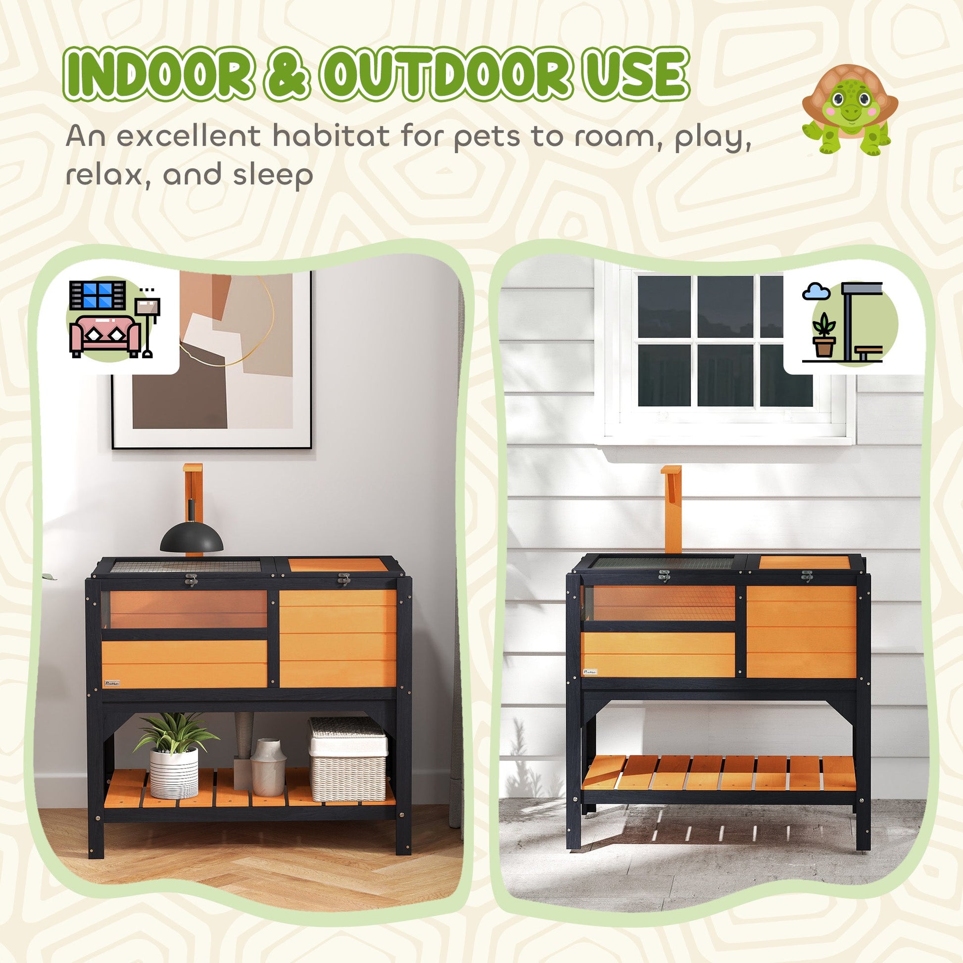 Tortoise House w/ Shelf, Small Pet Reptile Wooden House w/ Hide Shelter Den and Run, Lamp Holder, Tray, for Indoors, Outdoors - Yellow