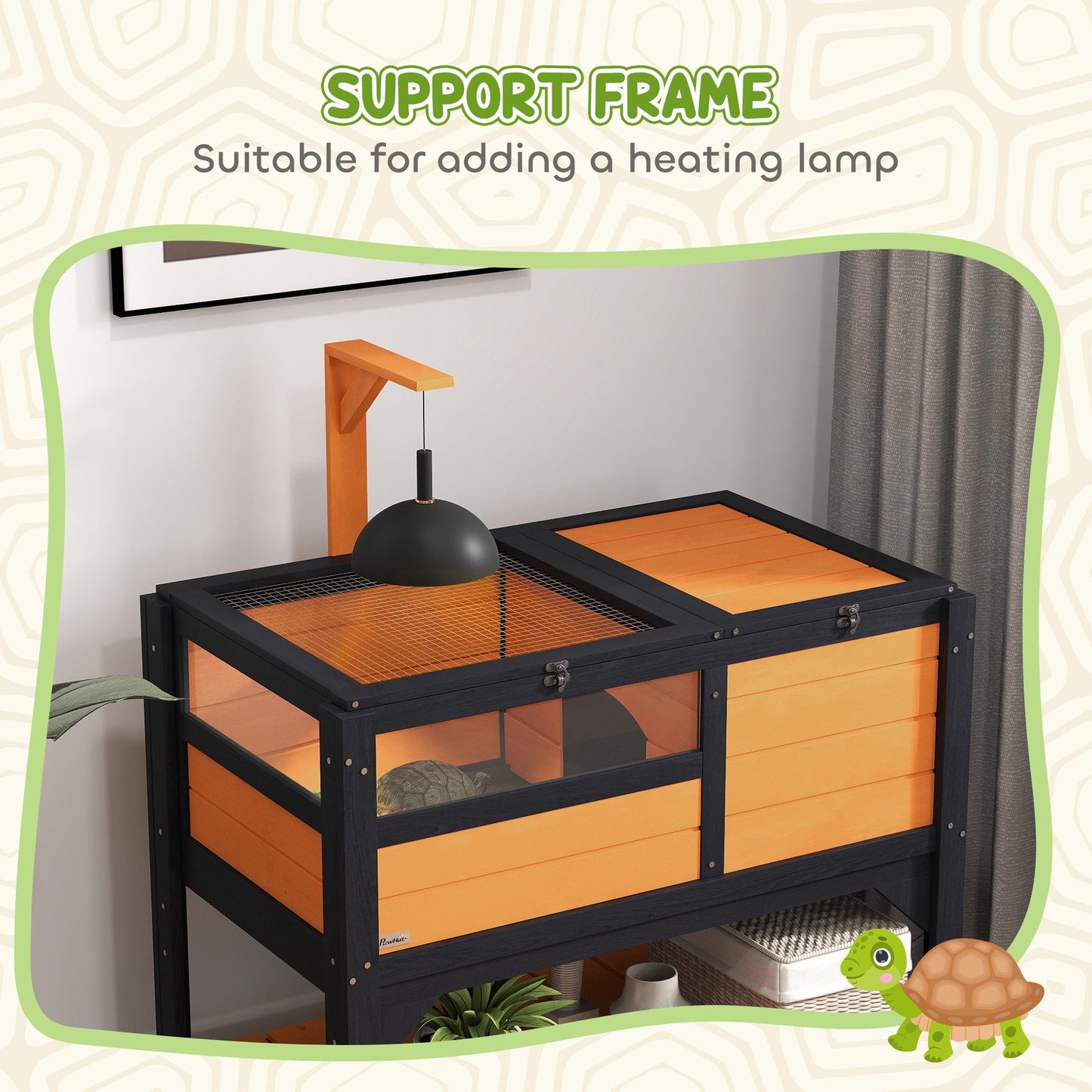 Tortoise House w/ Shelf, Small Pet Reptile Wooden House w/ Hide Shelter Den and Run, Lamp Holder, Tray, for Indoors, Outdoors - Yellow