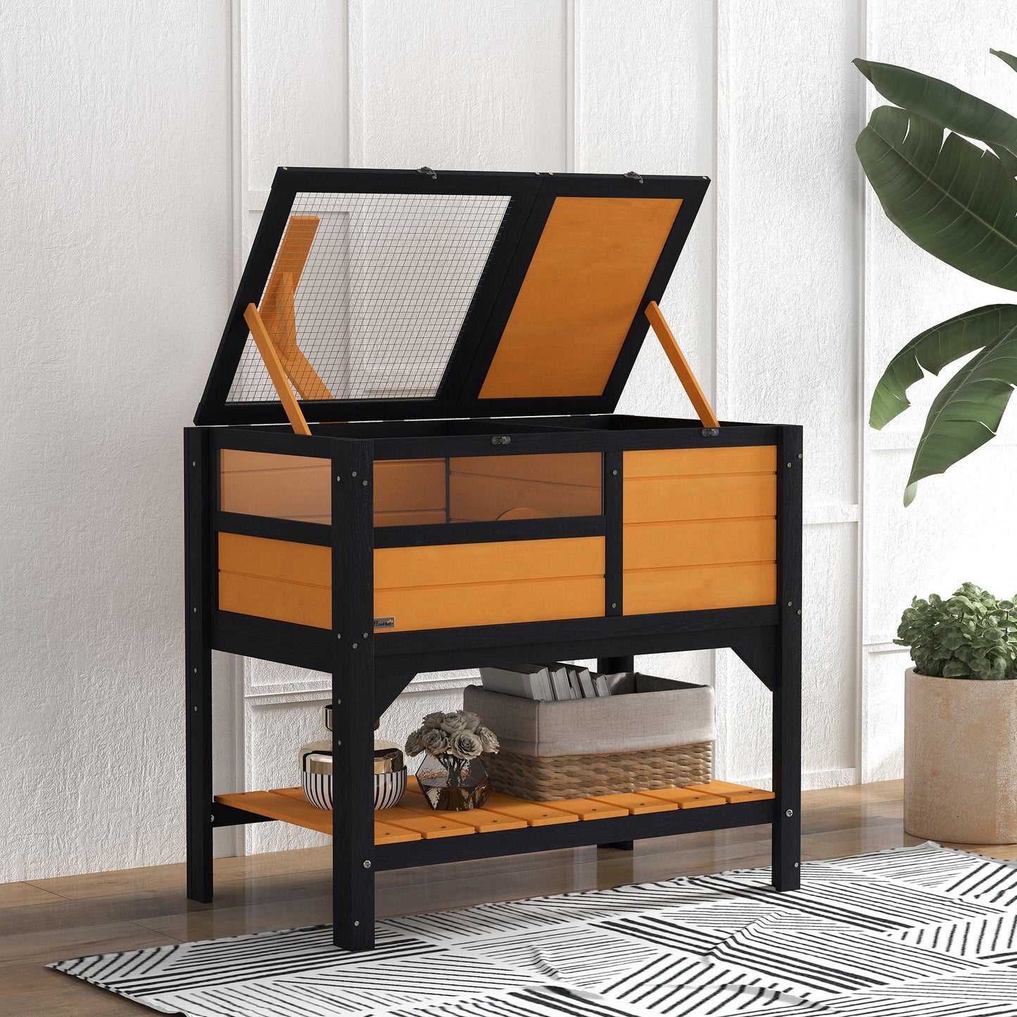 Tortoise House w/ Shelf, Small Pet Reptile Wooden House w/ Hide Shelter Den and Run, Lamp Holder, Tray, for Indoors, Outdoors - Yellow