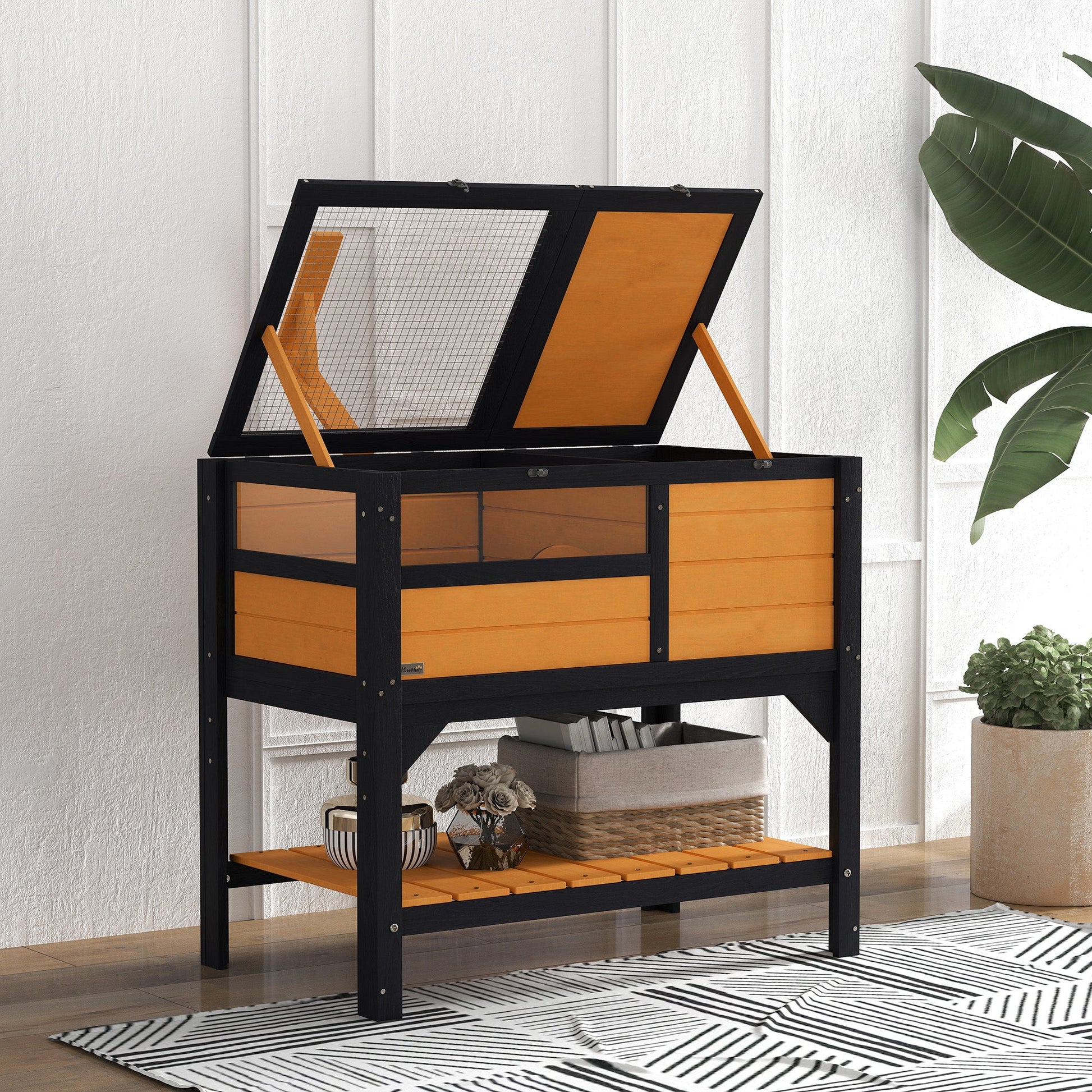 Tortoise House w/ Shelf, Small Pet Reptile Wooden House w/ Hide Shelter Den and Run, Lamp Holder, Tray, for Indoors, Outdoors - Yellow