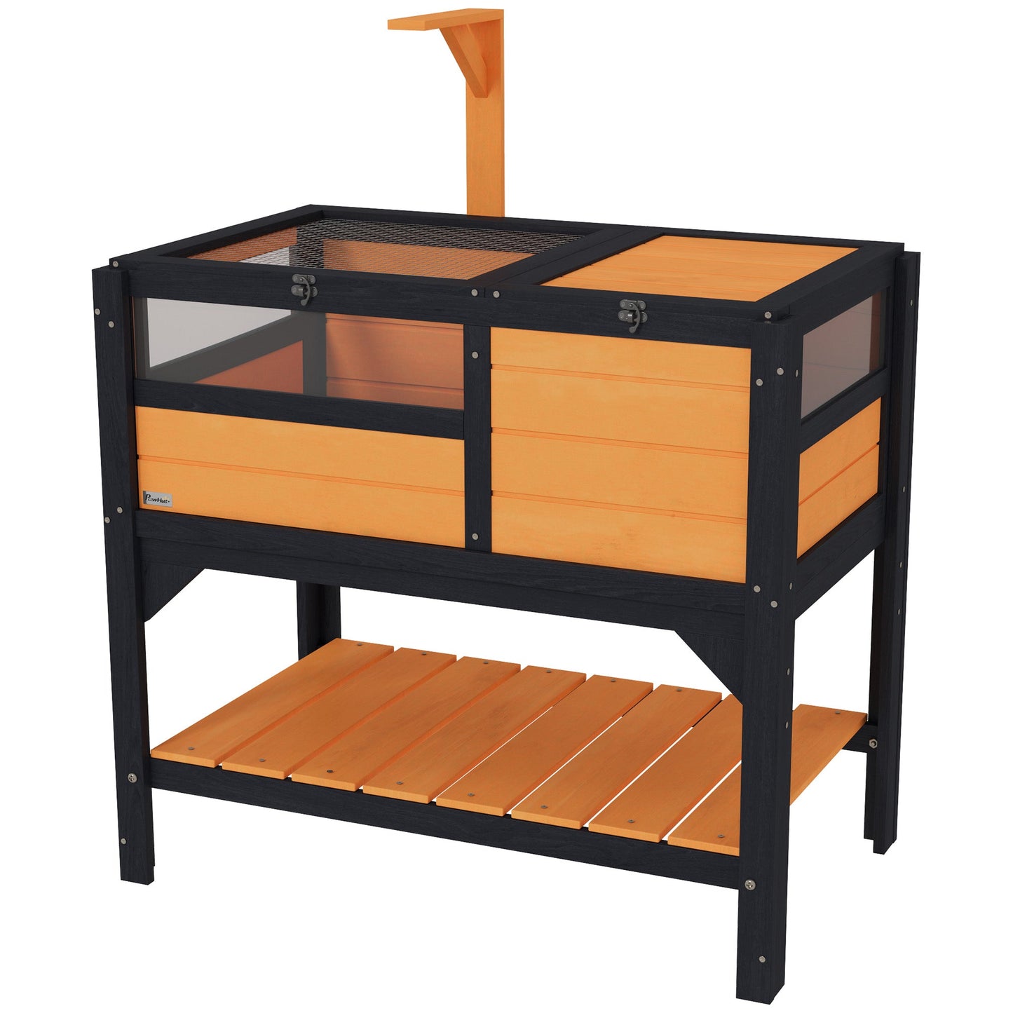 Tortoise House w/ Shelf, Small Pet Reptile Wooden House w/ Hide Shelter Den and Run, Lamp Holder, Tray, for Indoors, Outdoors - Yellow