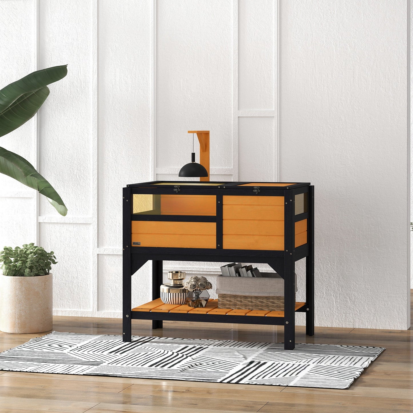 Tortoise House w/ Shelf, Small Pet Reptile Wooden House w/ Hide Shelter Den and Run, Lamp Holder, Tray, for Indoors, Outdoors - Yellow