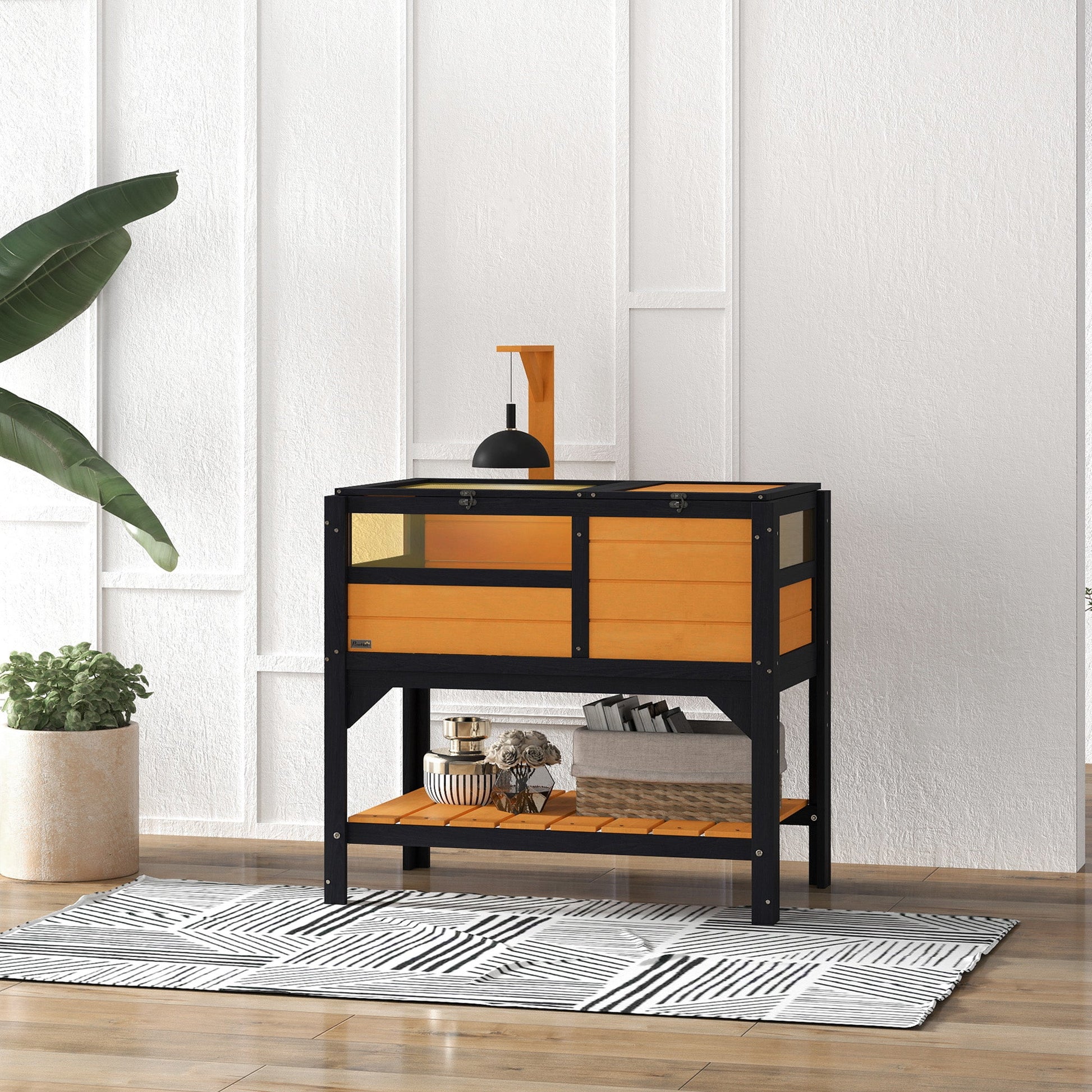 Tortoise House w/ Shelf, Small Pet Reptile Wooden House w/ Hide Shelter Den and Run, Lamp Holder, Tray, for Indoors, Outdoors - Yellow