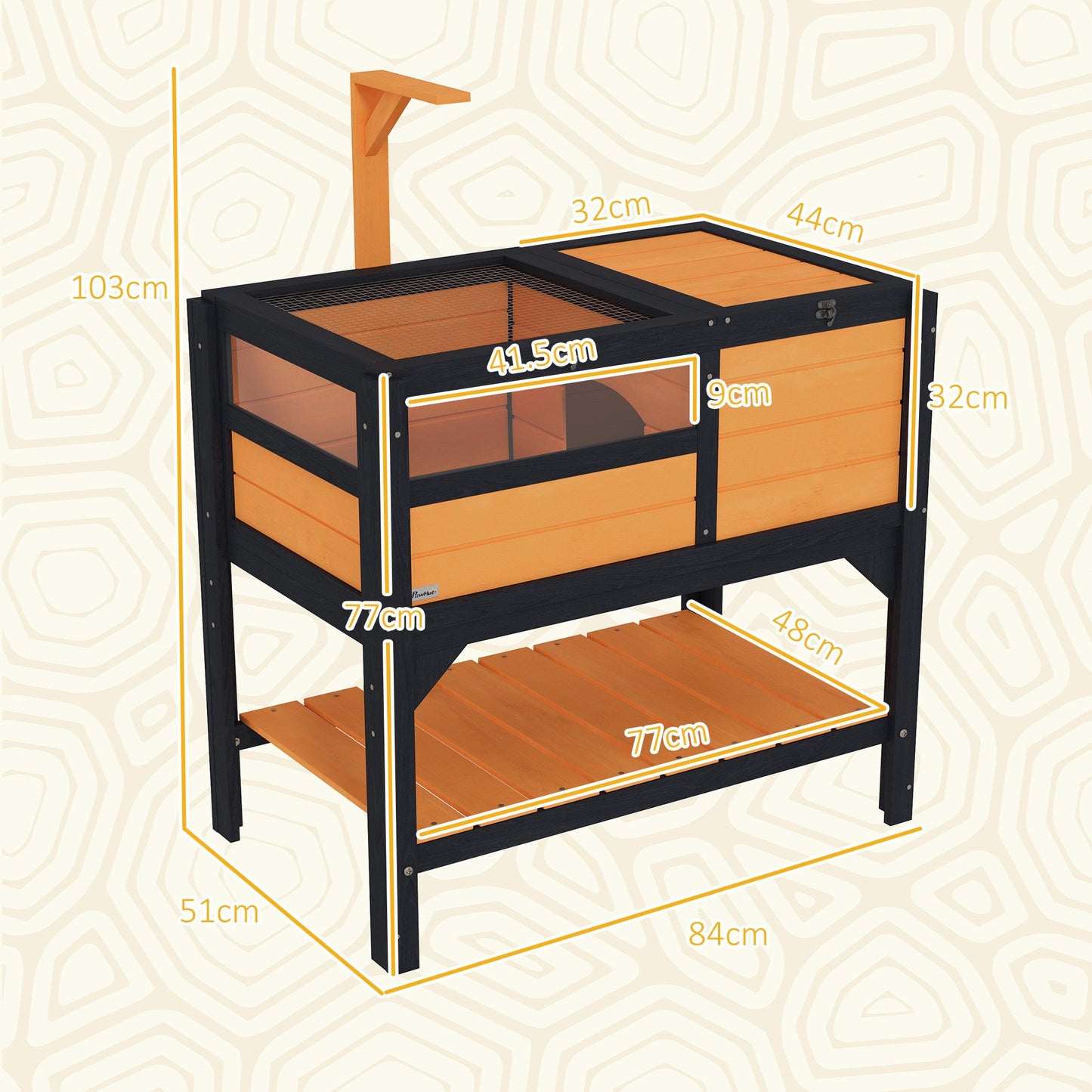 Tortoise House w/ Shelf, Small Pet Reptile Wooden House w/ Hide Shelter Den and Run, Lamp Holder, Tray, for Indoors, Outdoors - Yellow