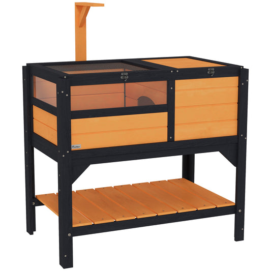 Tortoise House w/ Shelf, Small Pet Reptile Wooden House w/ Hide Shelter Den and Run, Lamp Holder, Tray, for Indoors, Outdoors - Yellow