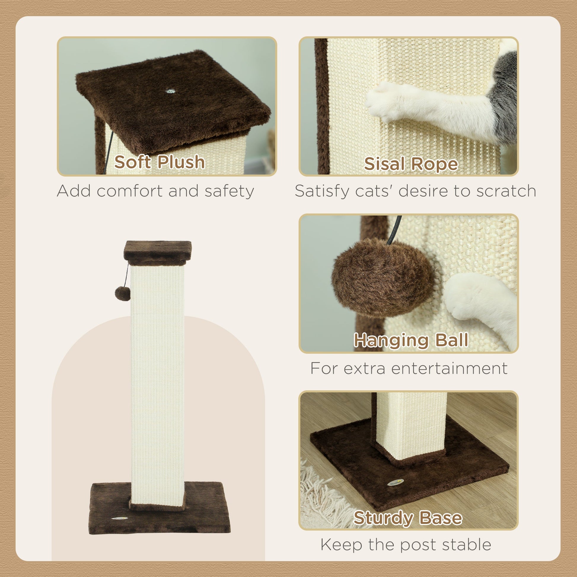 Cat Scratching Post for Indoor Cats, 81cm Cat Scratcher, Vertical Full Scratcher with Natural Sisal Rope, Hanging Ball and Soft Plush, Brown