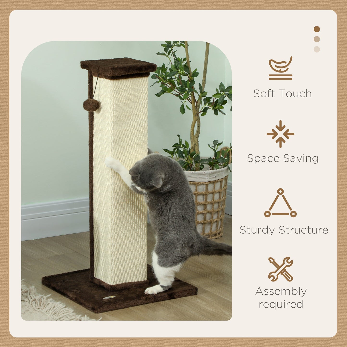 Cat Scratching Post for Indoor Cats, 81cm Cat Scratcher, Vertical Full Scratcher with Natural Sisal Rope, Hanging Ball and Soft Plush, Brown
