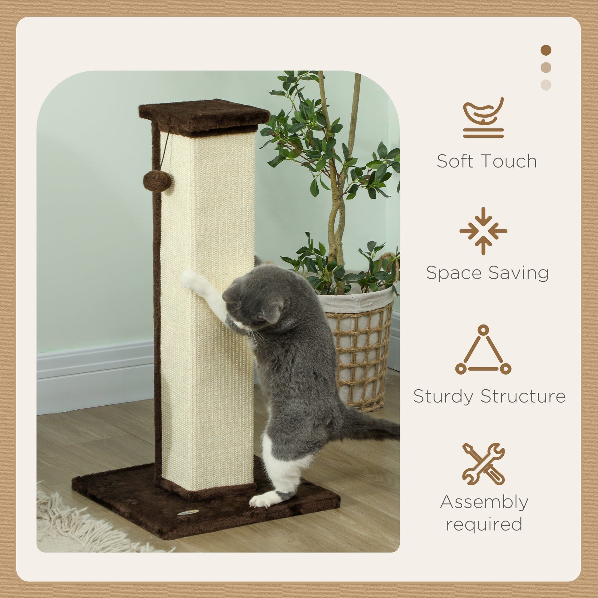 Cat Scratching Post for Indoor Cats, 81cm Cat Scratcher, Vertical Full Scratcher with Natural Sisal Rope, Hanging Ball and Soft Plush, Brown