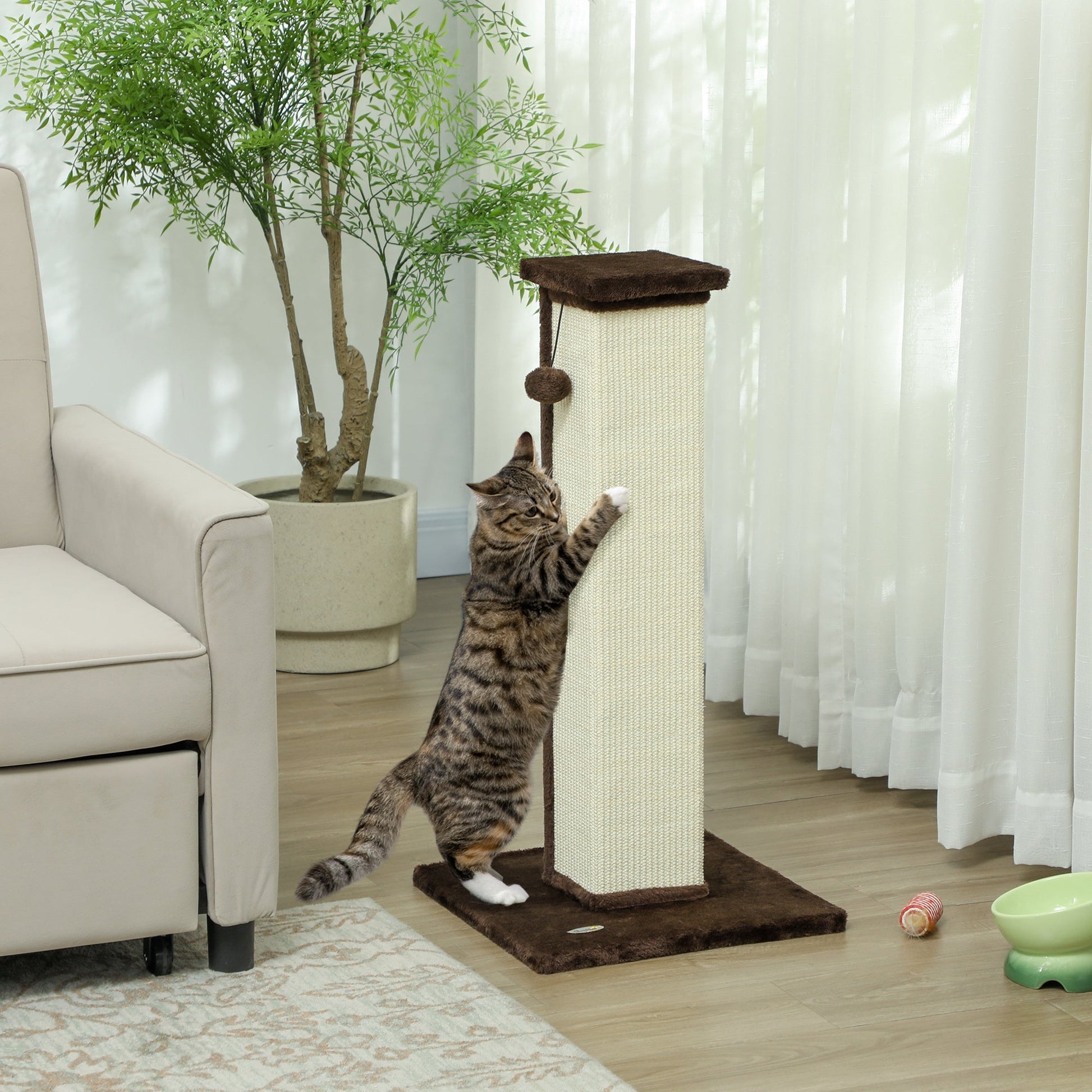 Cat Scratching Post for Indoor Cats, 81cm Cat Scratcher, Vertical Full Scratcher with Natural Sisal Rope, Hanging Ball and Soft Plush, Brown