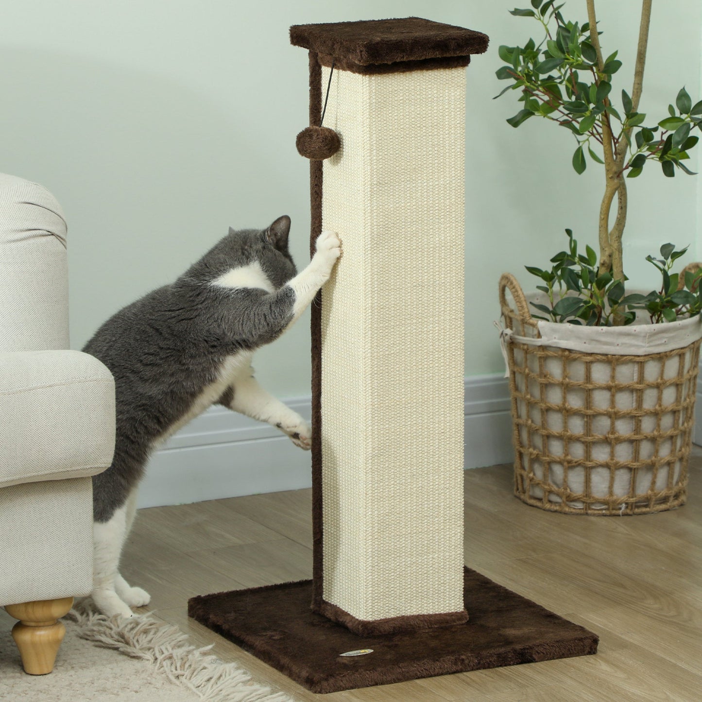 Cat Scratching Post for Indoor Cats, 81cm Cat Scratcher, Vertical Full Scratcher with Natural Sisal Rope, Hanging Ball and Soft Plush, Brown