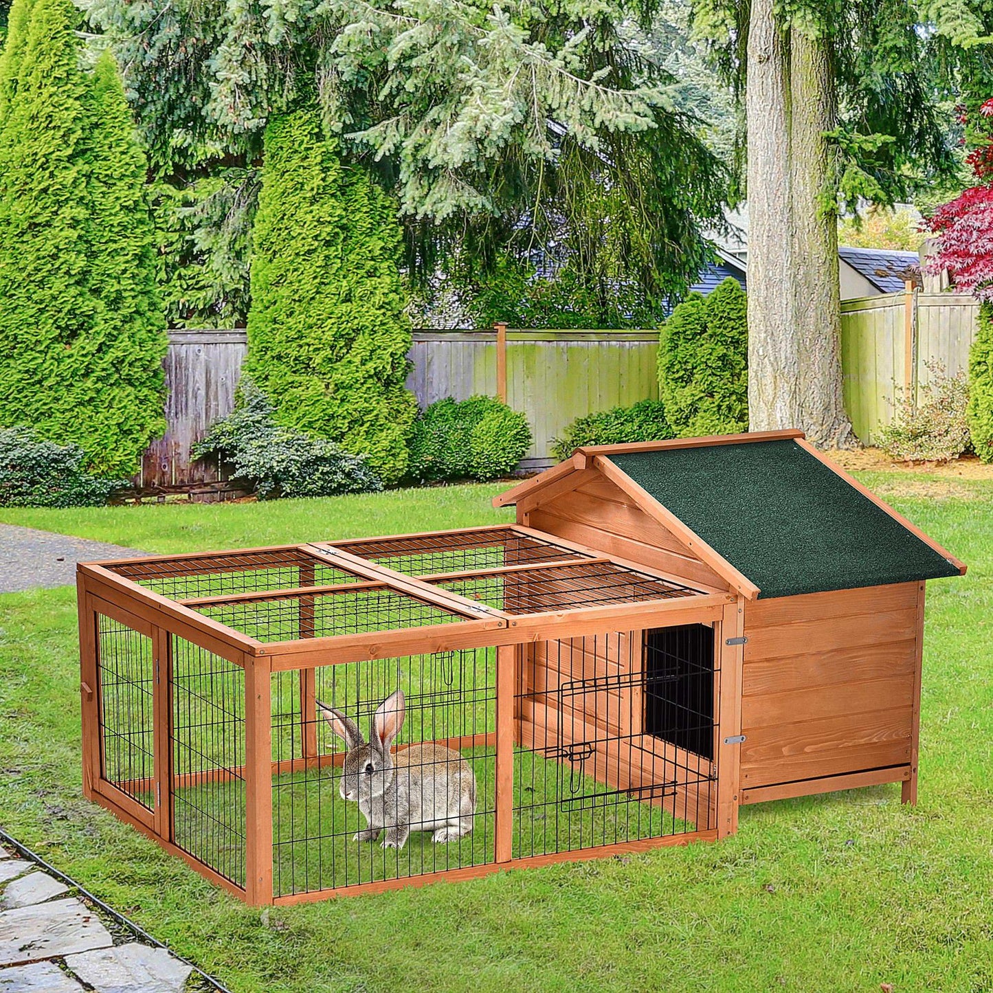 Wooden Rabbit Hutch Outdoor, Guinea Pig Hutch, Detachable Pet House Animal Cage with Openable Run & Roof Lockable Door Slide-out Tray 146 x 95 x 69cm