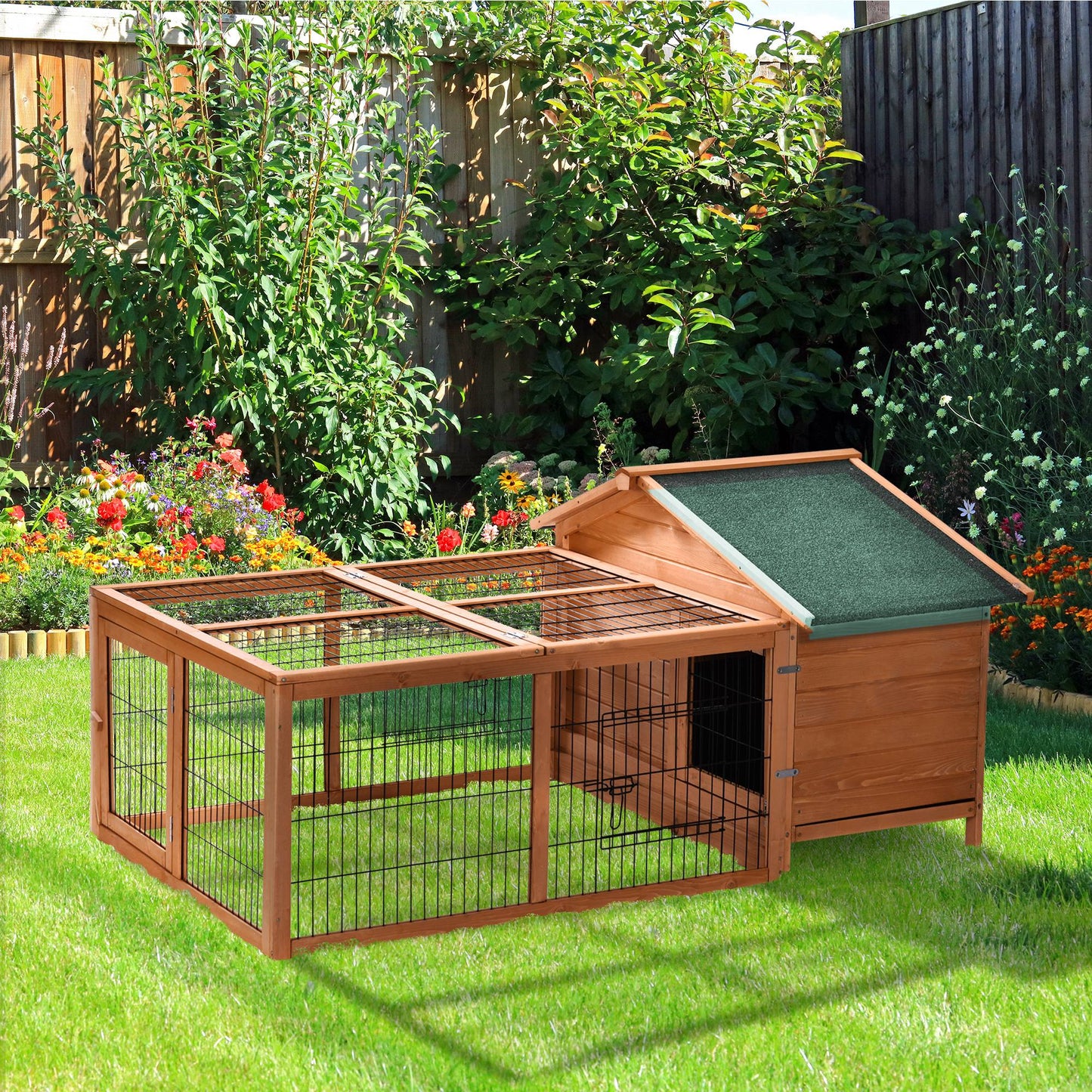 Wooden Rabbit Hutch Outdoor, Guinea Pig Hutch, Detachable Pet House Animal Cage with Openable Run & Roof Lockable Door Slide-out Tray 146 x 95 x 69cm