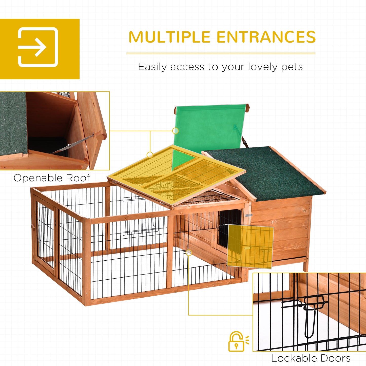 Wooden Rabbit Hutch Outdoor, Guinea Pig Hutch, Detachable Pet House Animal Cage with Openable Run & Roof Lockable Door Slide-out Tray 146 x 95 x 69cm