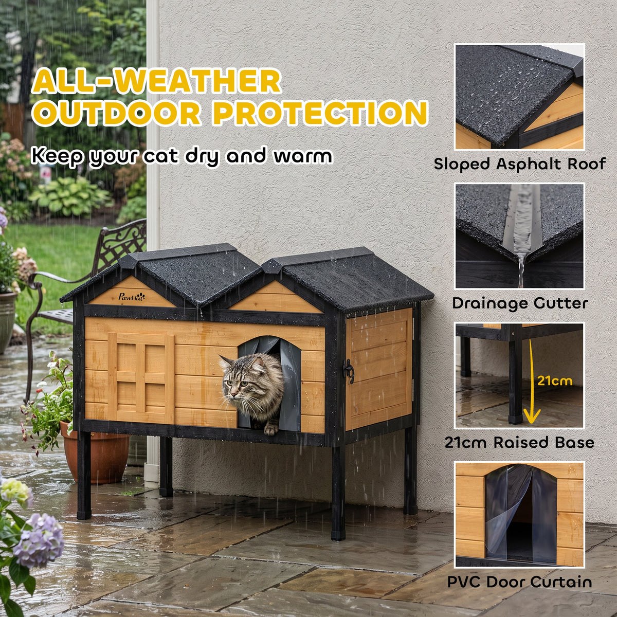 Outdoor Cat House Wooden with Removable Liner, Raised Cat Shelter Outdoor Indoor, Weatherproof Asphalt Roof, Wide Side Cleaning Door, PVC Curtain, 1 Cat up to 10 kg
