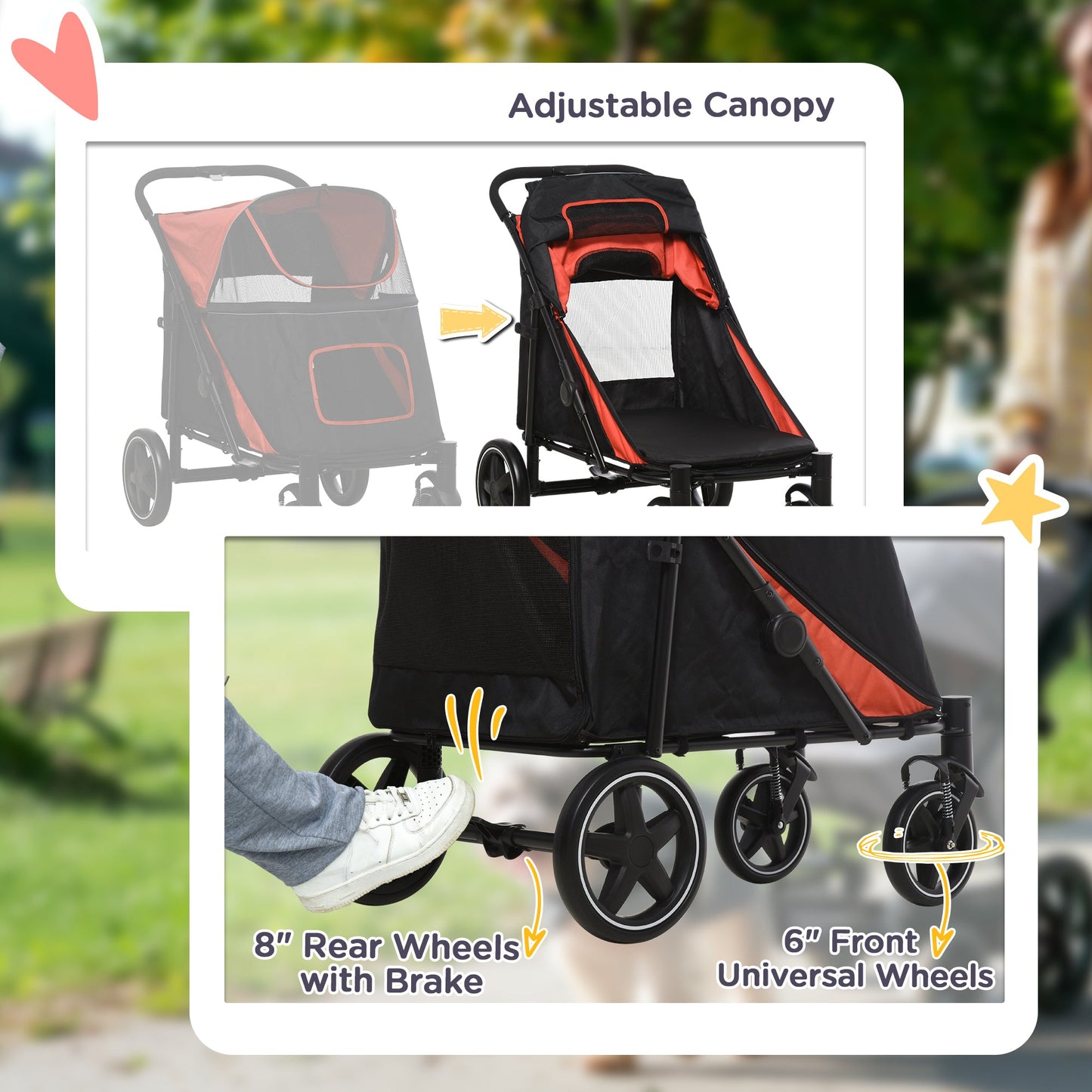 Dog Stroller Pet Pram Dog Pushchair Buggy with Adjustable Canopy for Medium and Large Breeds, Red