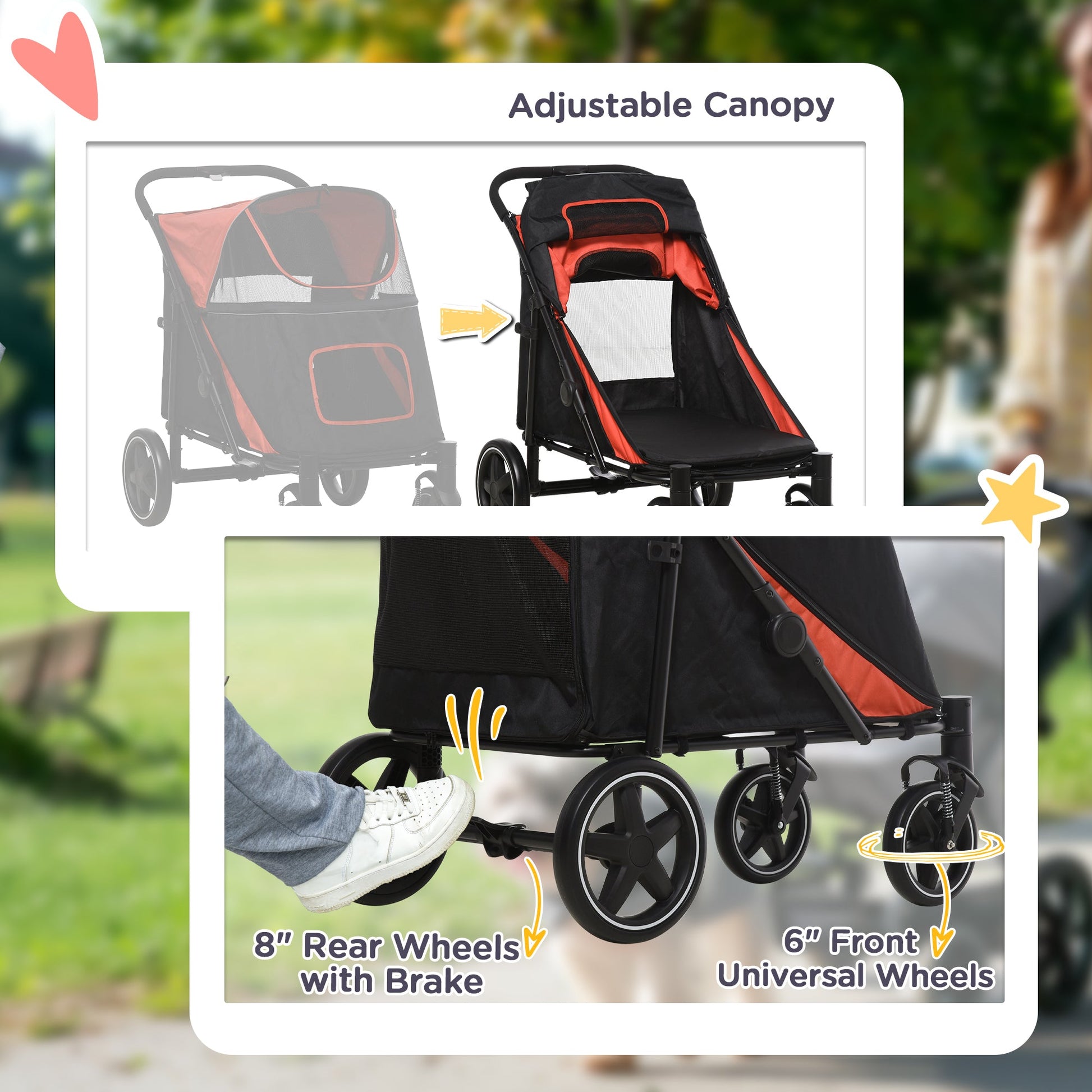Dog Stroller Pet Pram Dog Pushchair Buggy with Adjustable Canopy for Medium and Large Breeds, Red