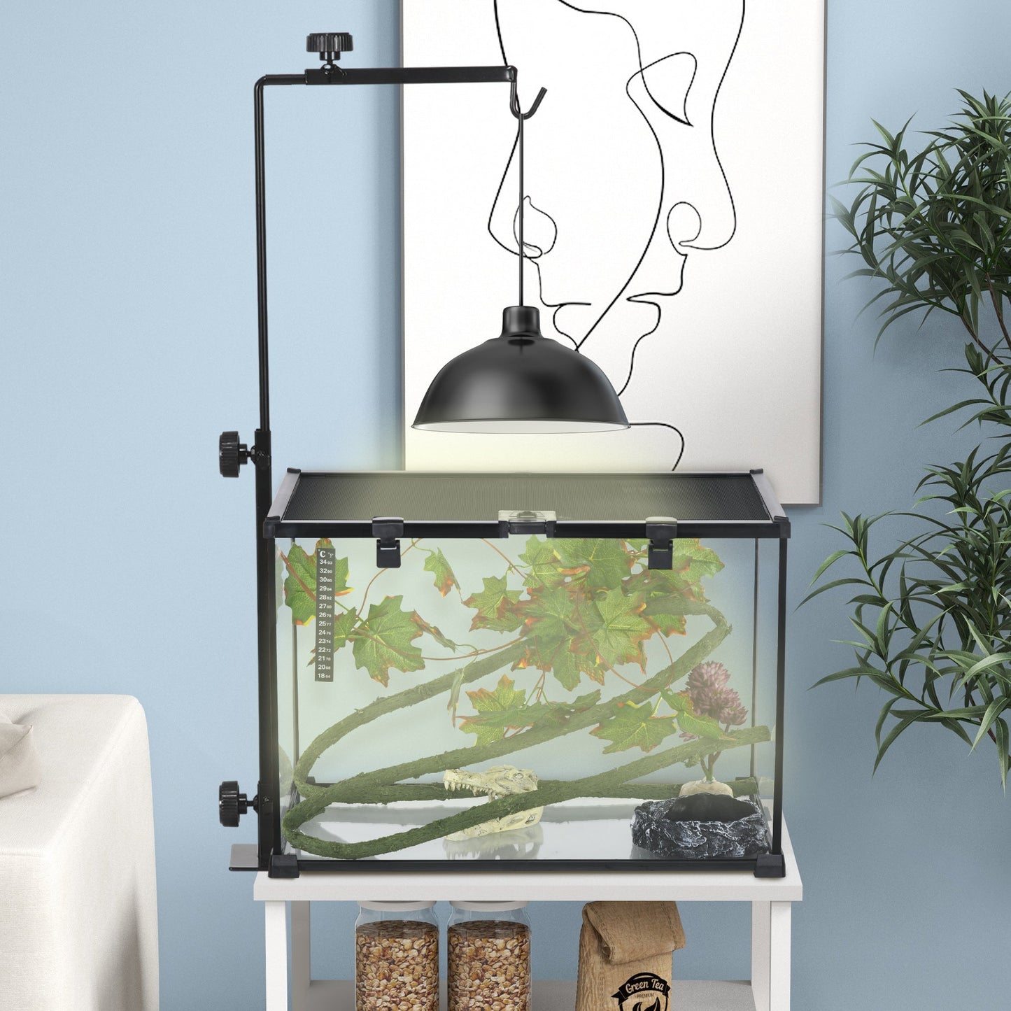 Reptile Lamp Stand, Adjustable Height and Width Heat Lamp for Reptile Amphibian Terrariums, Light Stand with Hook Hanging Steel Base - Black