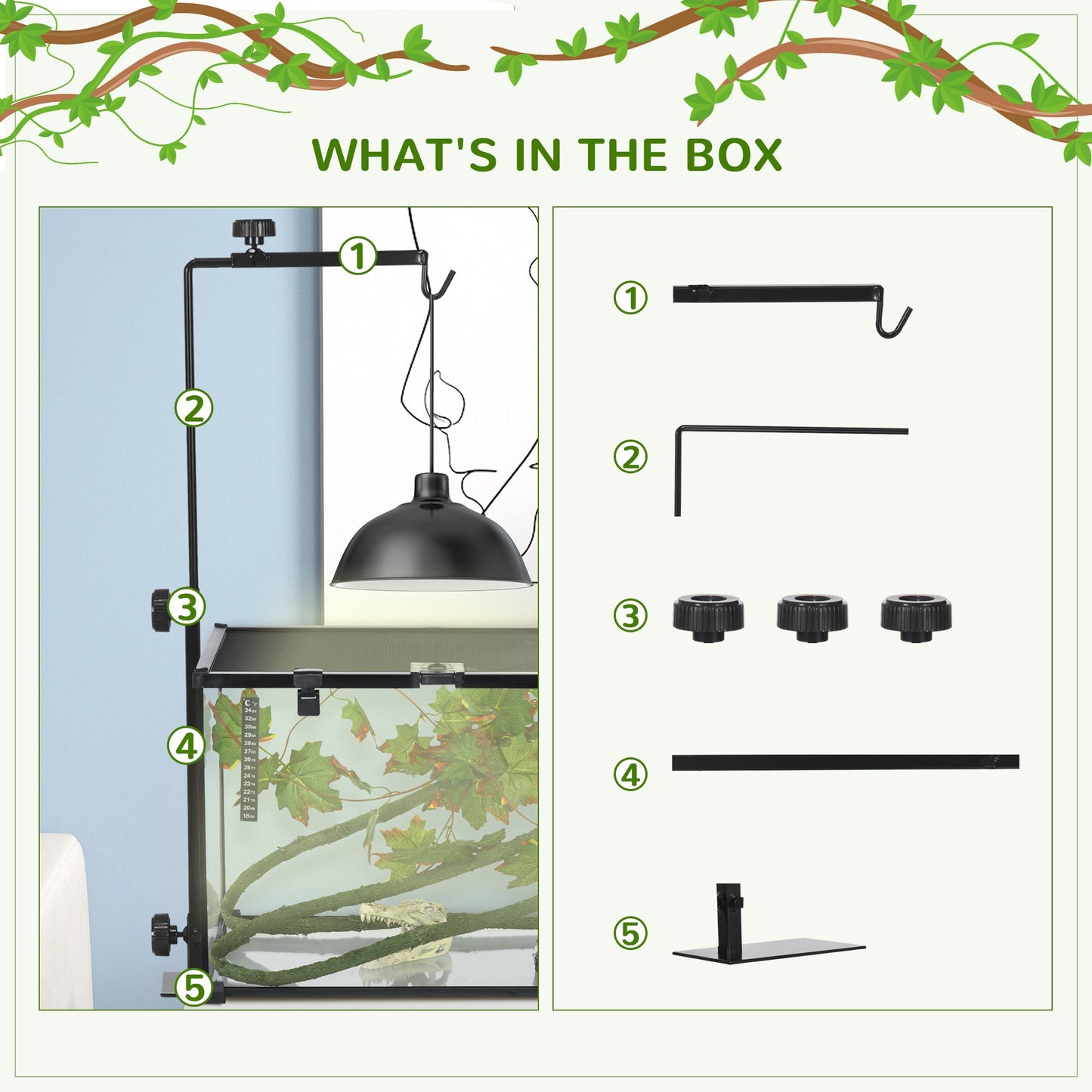 Reptile Lamp Stand, Adjustable Height and Width Heat Lamp for Reptile Amphibian Terrariums, Light Stand with Hook Hanging Steel Base - Black