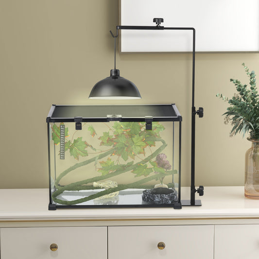Reptile Lamp Stand, Adjustable Height and Width Heat Lamp for Reptile Amphibian Terrariums, Light Stand with Hook Hanging Steel Base - Black