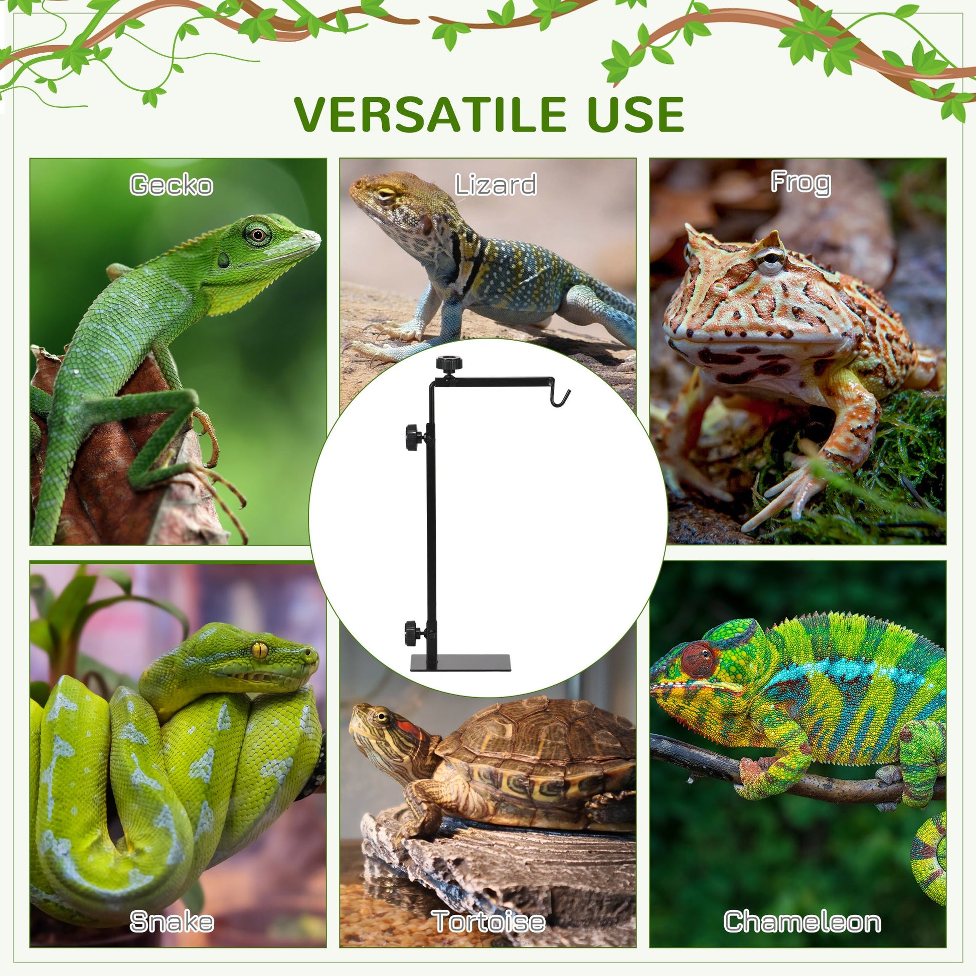 Reptile Lamp Stand, Adjustable Height and Width Heat Lamp for Reptile Amphibian Terrariums, Light Stand with Hook Hanging Steel Base - Black