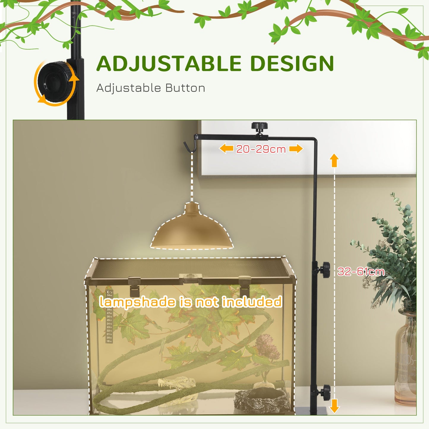 Reptile Lamp Stand, Adjustable Height and Width Heat Lamp for Reptile Amphibian Terrariums, Light Stand with Hook Hanging Steel Base - Black