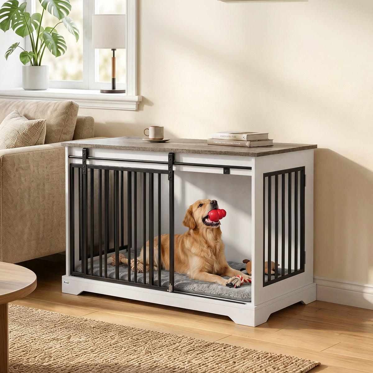 Dog Crate Furniture, 100 cm Large Double Door Wooden Dog Crate with Sliding Barn Door, Indoor Kennel End Table for Large Breeds, Anti-Chew Steel Puppy Cage, White