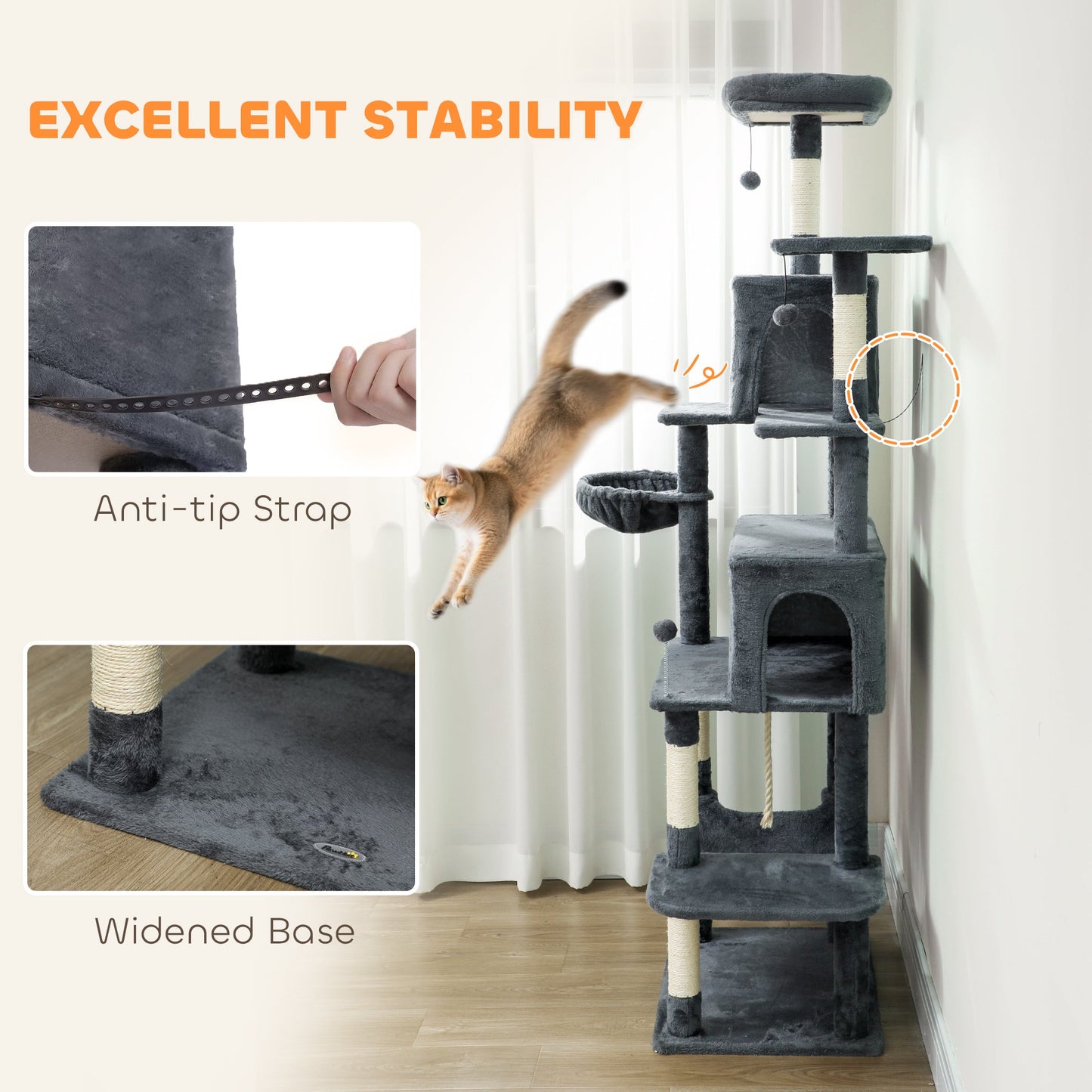 Cat Tree, 202cm Large Cat Tower for Indoor Kittens with 6 Scratching Posts, 2 Condos, 2 Perches, 2 Hammocks, Pompoms, Multi-Level Plush Kitty Activity Centre for Rest and Play, Dark Grey