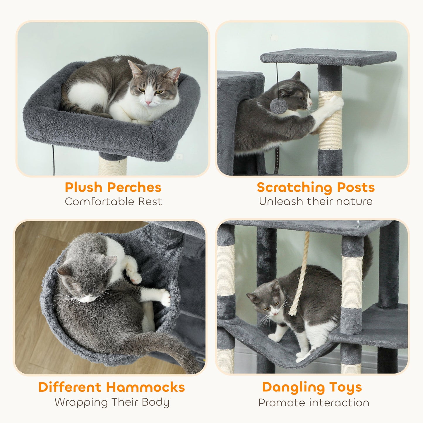 Cat Tree, 202cm Large Cat Tower for Indoor Kittens with 6 Scratching Posts, 2 Condos, 2 Perches, 2 Hammocks, Pompoms, Multi-Level Plush Kitty Activity Centre for Rest and Play, Dark Grey