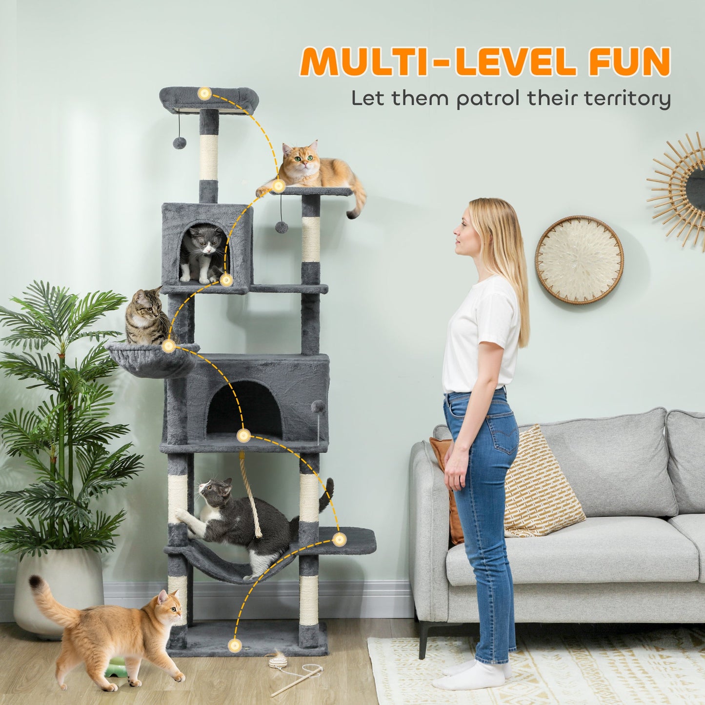 Cat Tree, 202cm Large Cat Tower for Indoor Kittens with 6 Scratching Posts, 2 Condos, 2 Perches, 2 Hammocks, Pompoms, Multi-Level Plush Kitty Activity Centre for Rest and Play, Dark Grey