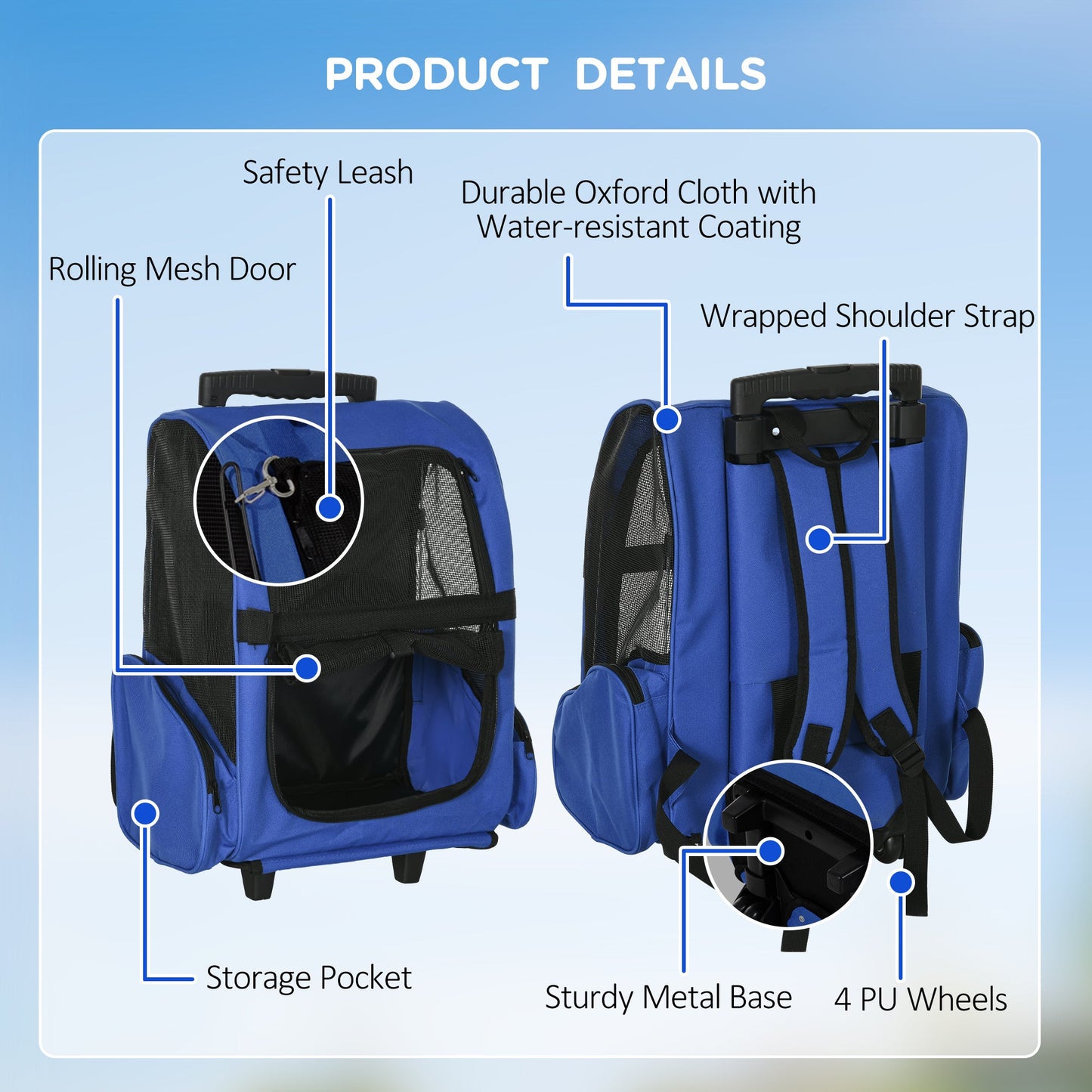 Pet Travel Backpack Bag Cat Puppy Dog Carrier w/ Trolley and Telescopic Handle Portable Stroller Wheel Luggage Bag (Blue)