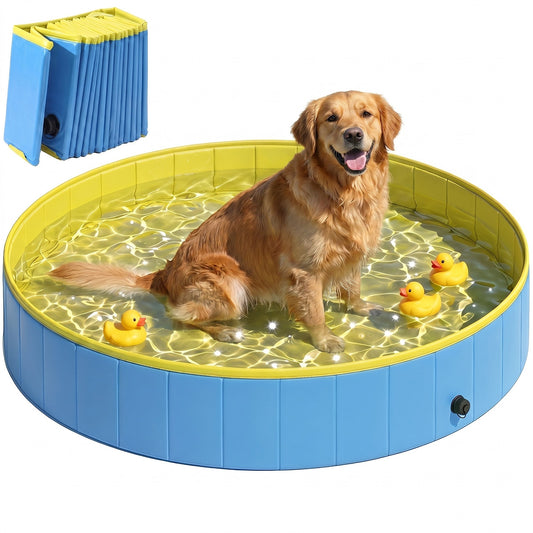Foldable Dog Pool for Puppies and Ducks, Thickened PVC Dog Paddling Pool Bath Tub Hard Board, Anti-Slip Bottom and Hose Adapter for Easy Drainage, 140 x 30cm, Blue and Yellow