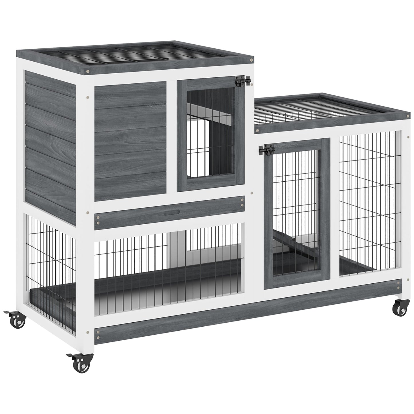 Wooden Indoor Rabbit Hutch Guinea Pig House Bunny Small Animal Cage W/ Wheels Enclosed Run 110 x 50 x 88 cm, Grey