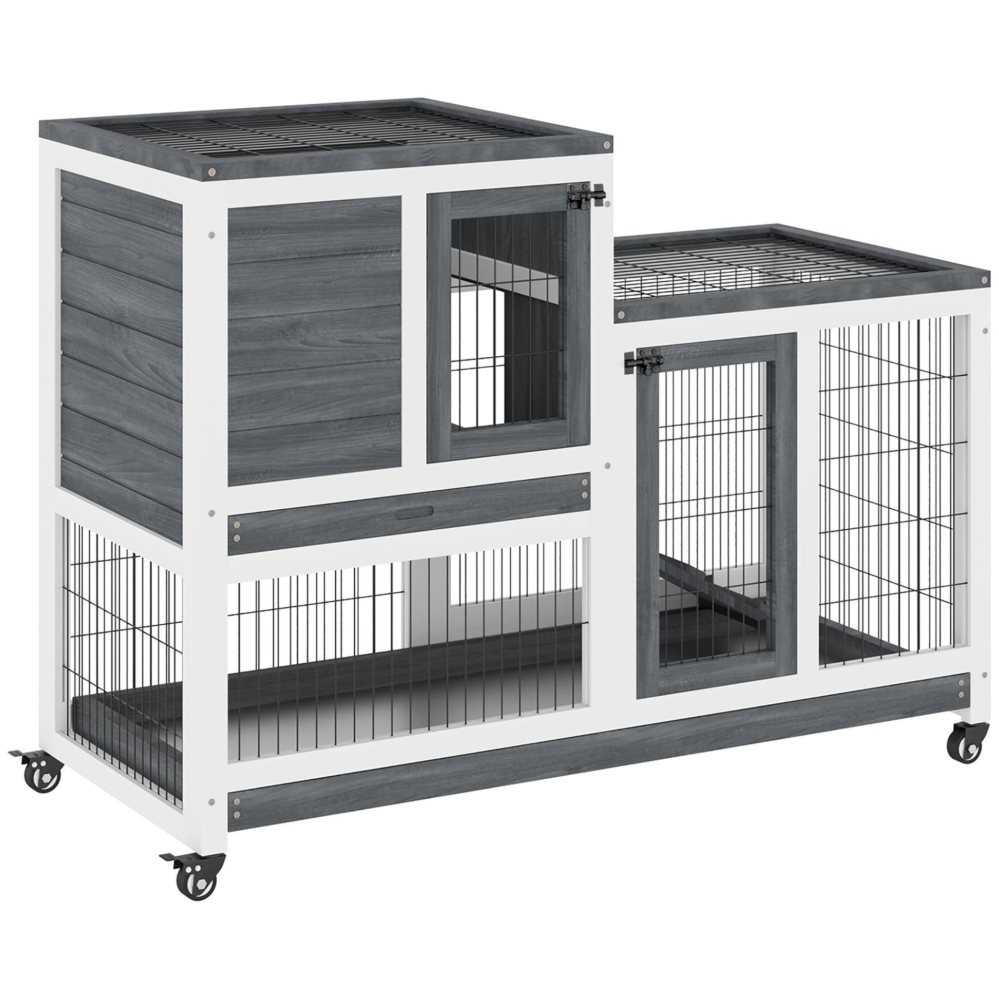 Wooden Indoor Rabbit Hutch Guinea Pig House Bunny Small Animal Cage W/ Wheels Enclosed Run 110 x 50 x 88 cm, Grey