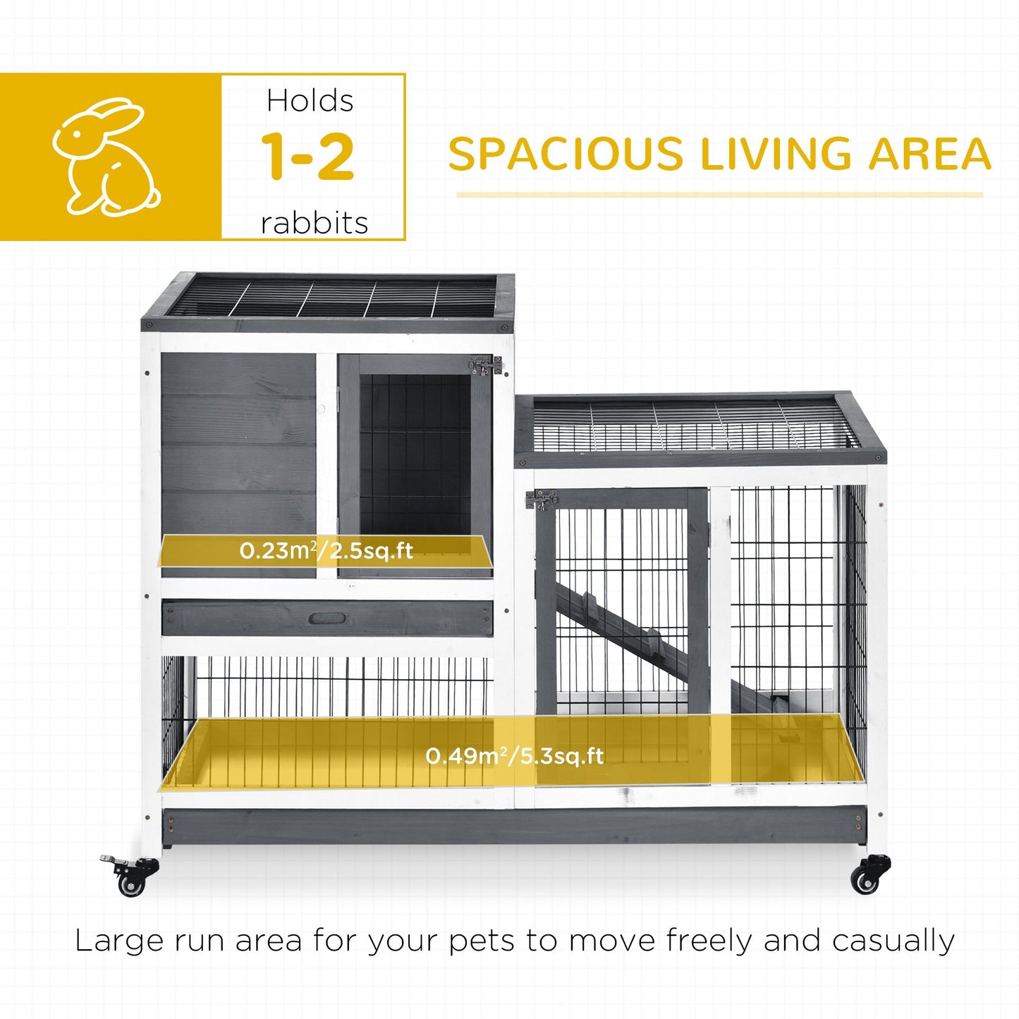 Wooden Indoor Rabbit Hutch Guinea Pig House Bunny Small Animal Cage W/ Wheels Enclosed Run 110 x 50 x 88 cm, Grey