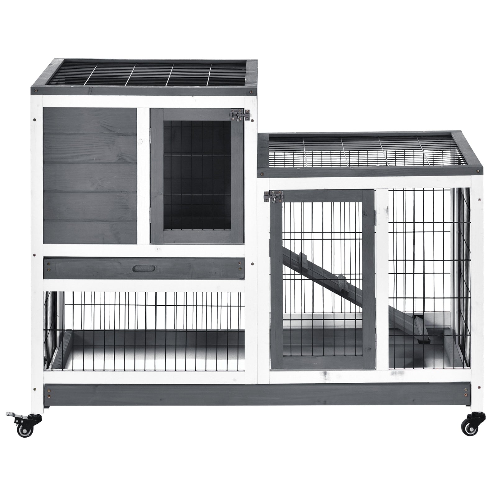Wooden Indoor Rabbit Hutch Guinea Pig House Bunny Small Animal Cage W/ Wheels Enclosed Run 110 x 50 x 88 cm, Grey