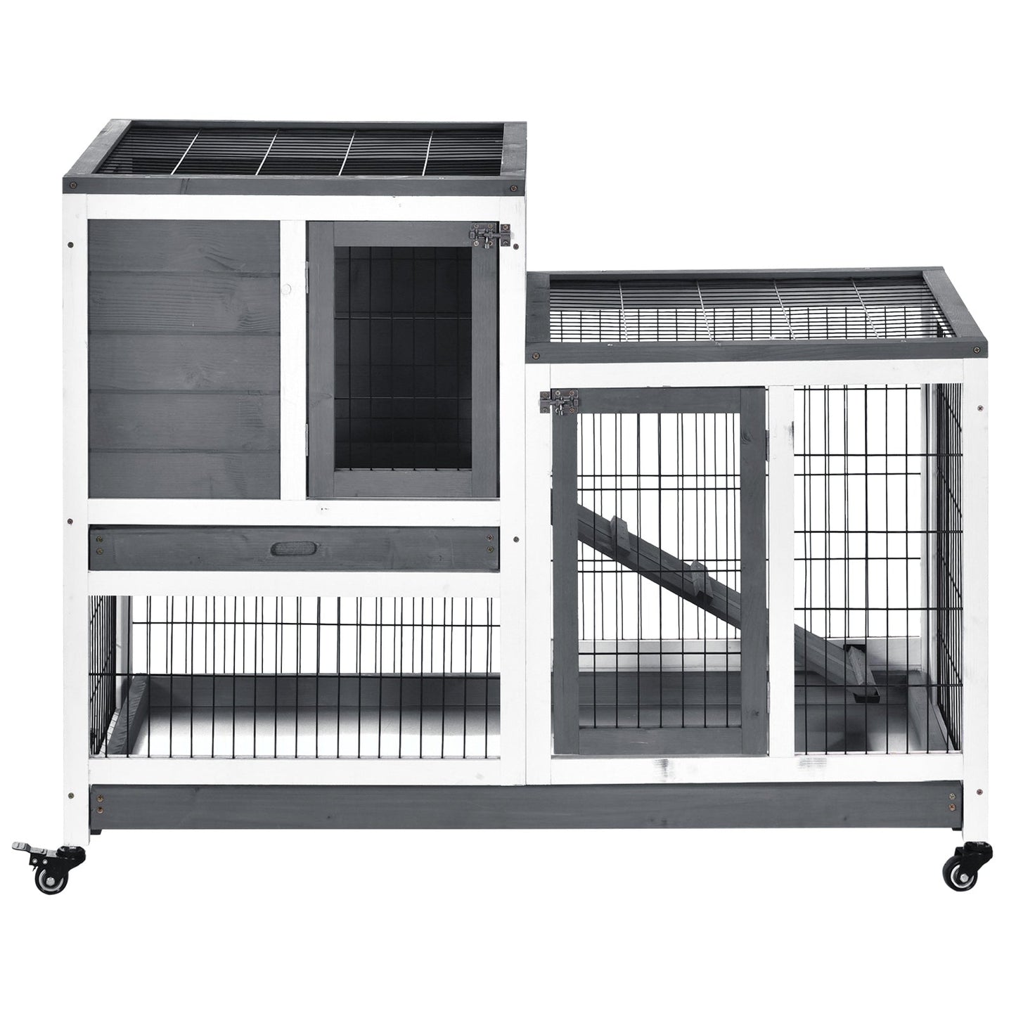 Wooden Indoor Rabbit Hutch Guinea Pig House Bunny Small Animal Cage W/ Wheels Enclosed Run 110 x 50 x 88 cm, Grey