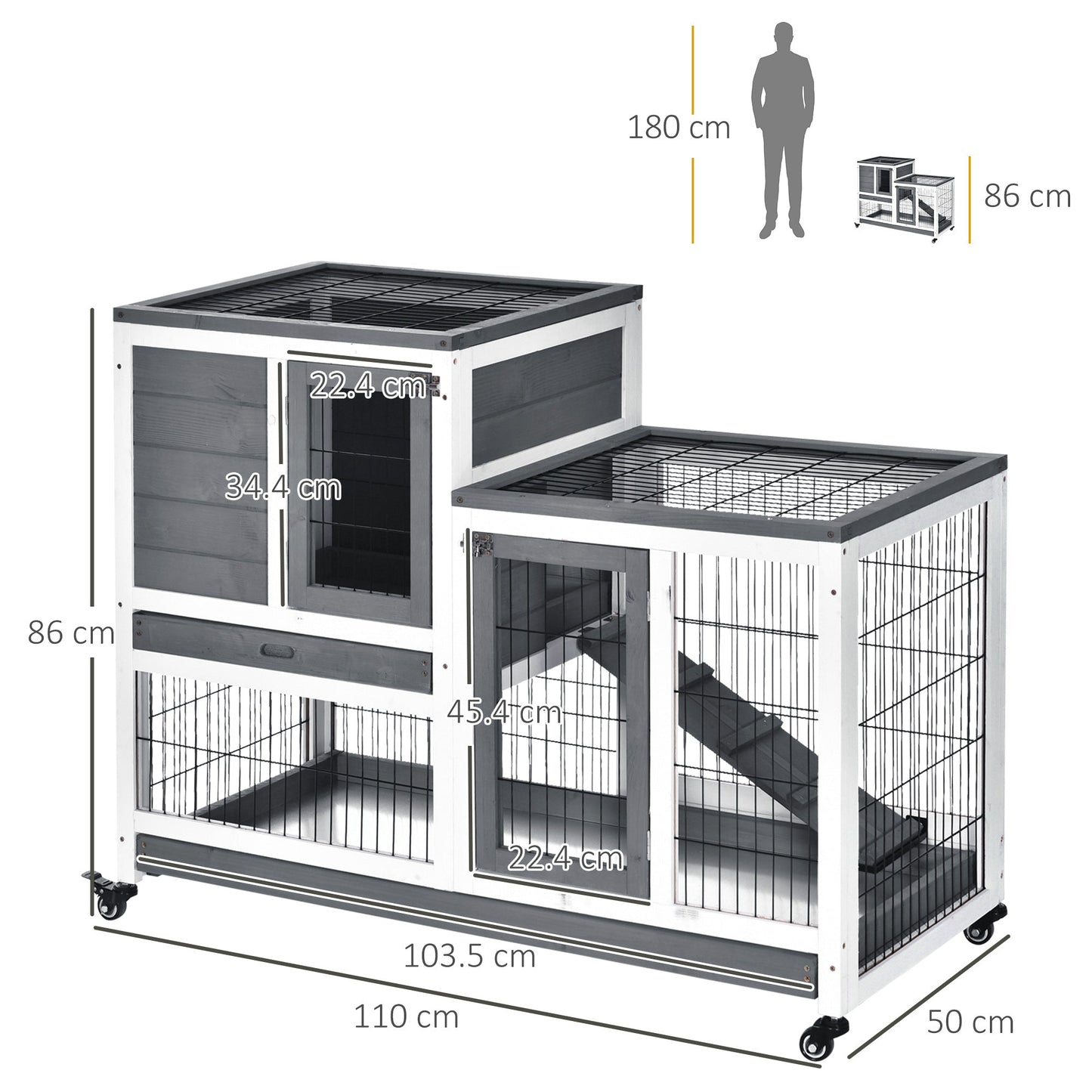 Wooden Indoor Rabbit Hutch Guinea Pig House Bunny Small Animal Cage W/ Wheels Enclosed Run 110 x 50 x 88 cm, Grey